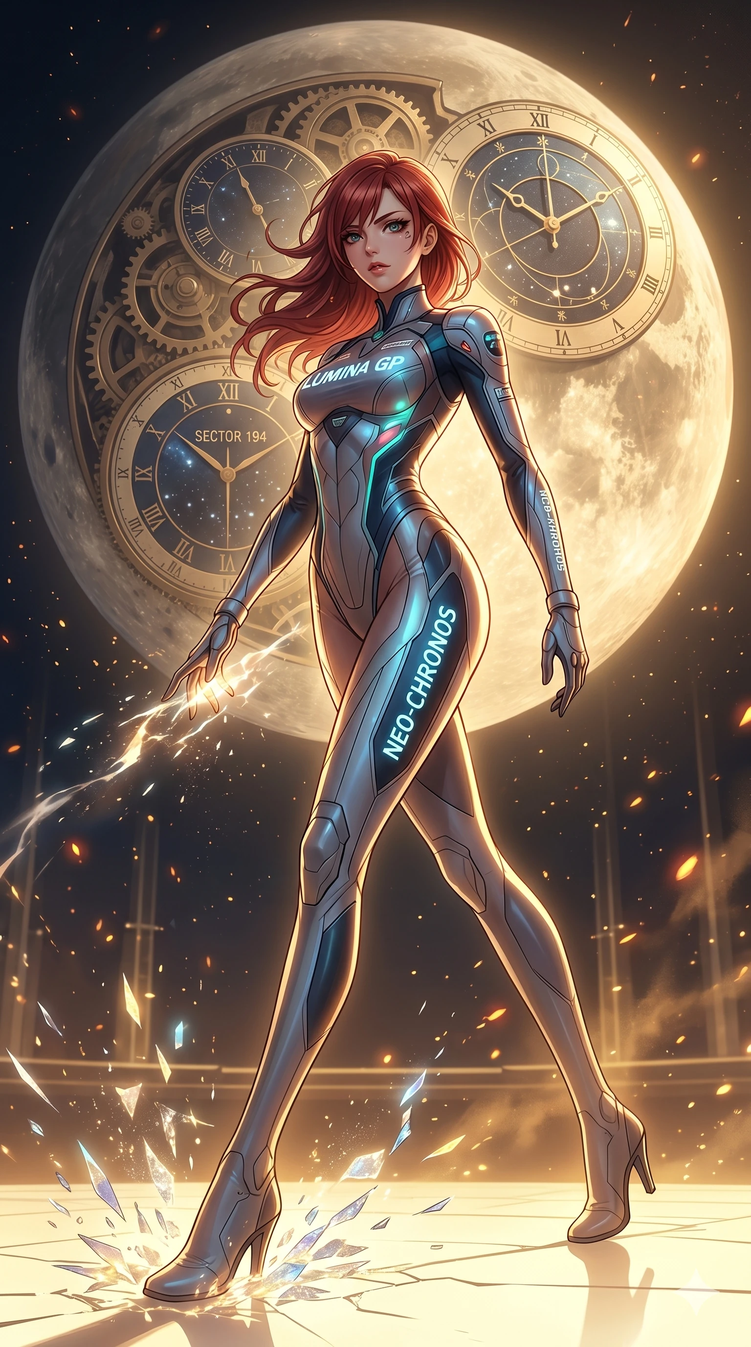 score_9, masterpiece, best quality, ultra-detailed, Set A: High-budget Anime Keyframe, Japanese woman. Low angle cowboy shot filling the entire 9:16 frame with her statuesque presence. Theme: Ethereal Dream. shattering the fabric of reality in a temple made of solid light, with a massive clockwork moon ticking behind her as sector 194. The atmosphere is filled with golden hour with floating embers. She has an absolutely perfect 8-heads proportion, an exceptionally tall and slender female figure with impossibly long slender legs and an ultra-slim waist. Sharp v-shaped jawline, high-bridge nose, intricate jewel-like eyes with depth, glossy lips. Wearing High-cut racing bodysuit with glowing sponsor-logos and sleek aerodynamic lines. Cinematic lighting, vivid colors, dramatic shadows, 2k, ultra detail, master piece, 9:16 ratio