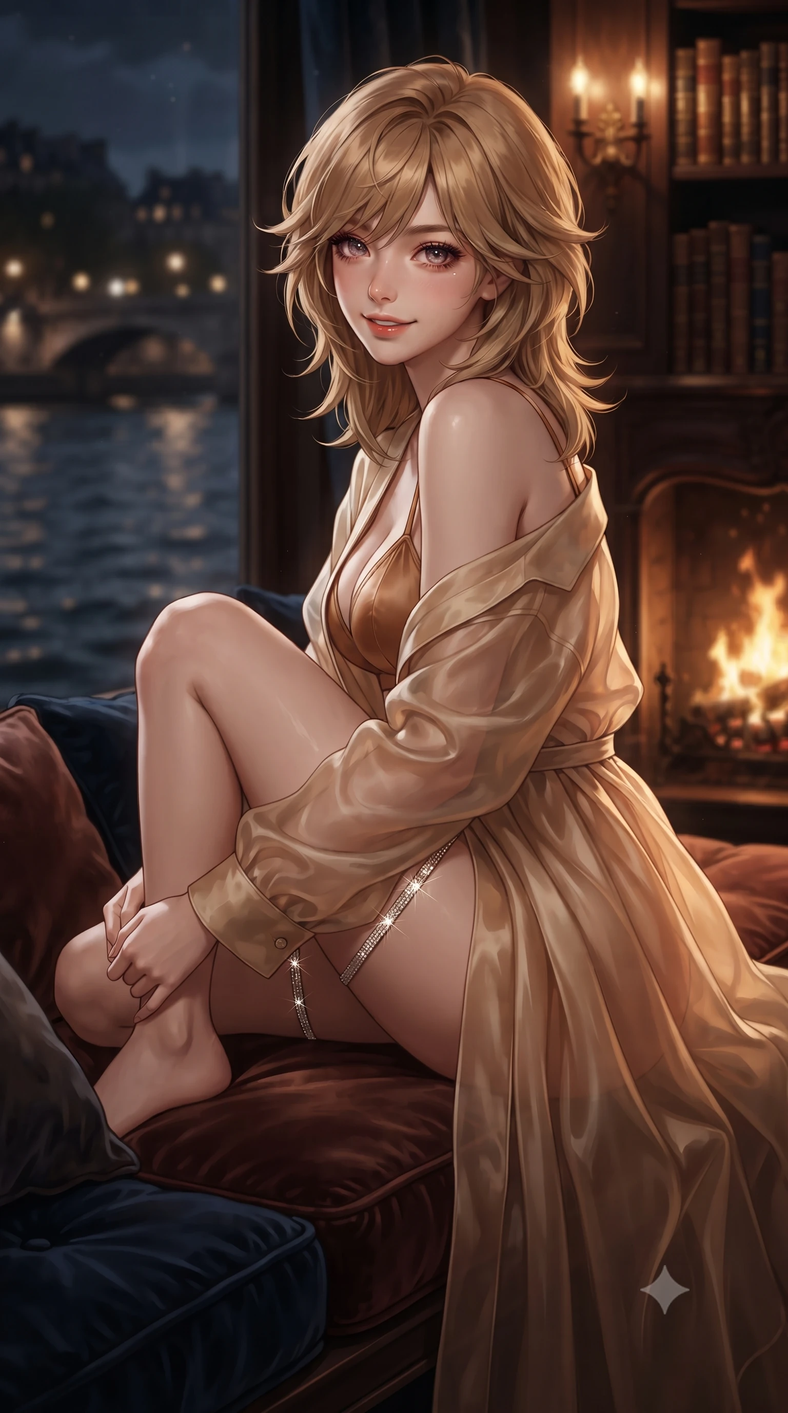 score_9, masterpiece, best quality, ultra-detailed, high-budget anime keyframe, editorial fashion photography, tasteful artistic composition, Korean woman. close-up cowboy shot from the waist and thighs up, the character dominates the composition, filling the frame with her large presence. perched sideways on the lounge seat, one knee drawn up to showcase her slender leg line while her arched back accentuates her feminine hip curve while curled gracefully on the oversized velvet window banquette overlooking the dark river, turning with an alluring, coquettish smile. The background shows a soft-focus shelves of gilt-spined antique volumes, roaring hearth flames, and Seine water ripples outside blurred into mahogany, amber, and midnight blue bokeh. She has an exceptionally elegant, slender, and willowy female figure with an ultra-slim waist, flat toned midriff, narrow ribcage, and sculpted feminine hips creating an alluring, slim hourglass silhouette without bulk. sharp v-shaped jawline, high-bridge nose, intricate jewel-like sparkling eyes with depth, thick eyelashes, glossy parted lips with a natural peach sheen, bright cheerful beaming smile with an enchanting and coquettish sensual glint, exuding both youthful cute charm and seductive allure, flawlessly proportioned anatomical accuracy, strict slender model proportions, natural body alignment, perfectly sculpted long slender limbs, ultra-slim waistline, clean dynamic posture without body distortion. wearing a flowing gossamer silk organza boudoir peignoir slipping off one shoulder over a form-fitting satin bralette in Beverly Hills honey champagne and warm toasted caramel, tailored from ultra-plush silk velvet with rich tactile depth and deep shadow gradients, finished with delicate crystal-encrusted thigh garter straps glinting in the dim light, the second-skin tailored fabric adhering flawlessly to her sculpted flat midriff and slender torso, emphasizing her long leg lines and perfectly proportioned willowy build. bathed in the rich chiaroscuro glow of natural dancing hearth firelight and warm library reading sconces. ultra-reflective glossy finish, specular highlights, rich textural contrasts, high-contrast stereoscopic depth, volumetric dynamic lighting, 2k, ultra detail, master piece, 9:16 ratio