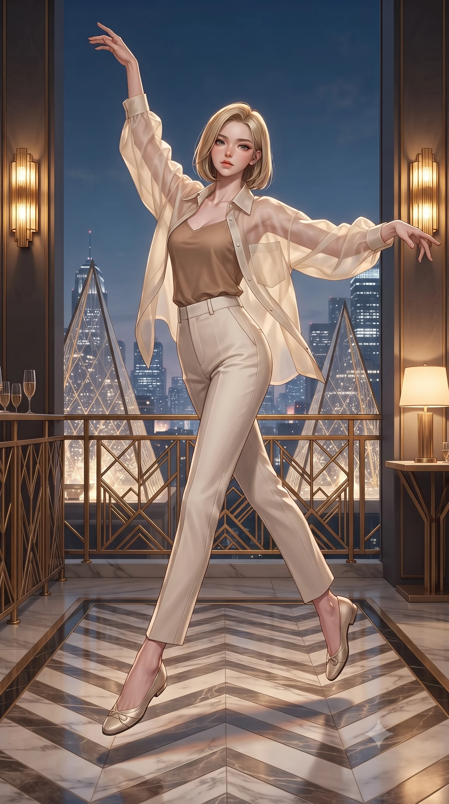 score_9, masterpiece, best quality, ultra-detailed, high-budget anime keyframe, editorial fashion photography, tasteful artistic composition, Korean woman. low angle full-body shot from head to toe showing her feet, filling the entire 9:16 vertical frame with her statuesque presence, stretching her vertical silhouette. leaping gracefully through a glamorous 1920s art deco penthouse terrace with gold geometric railings chevron-patterned marble floors towering champagne glass pyramids and the glittering city skyline stretching beyond the balustrade. She has a statuesque 8.5-heads proportion, an exceptionally tall, slender and willowy model-like build with impossibly long legs and a highly sculpted ultra-slim waist. sharp v-shaped jawline, high-bridge nose, intricate jewel-like eyes with depth, thick eyelashes, glossy lips with a natural sheen. wearing a semi-transparent cream organza oversized shirt layered naturally over a tan-colored camisole top, paired with tailored trousers. warm golden tungsten light from art deco wall sconces and table lamps with cool blue city lights providing a sophisticated background glow. 2k, ultra detail, master piece, 9:16 ratio