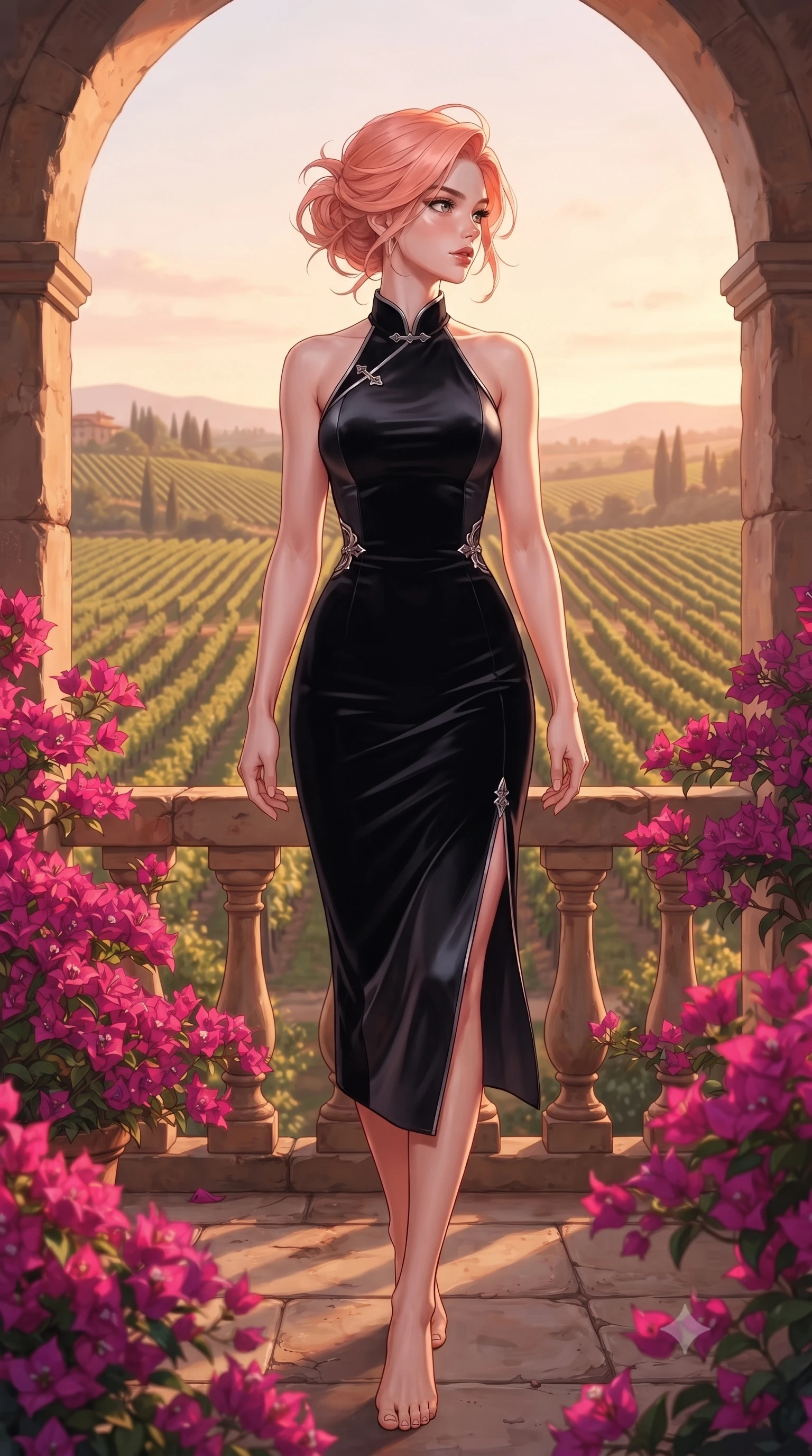 score_9, masterpiece, best quality, ultra-detailed, high-budget anime keyframe, editorial fashion photography, tasteful artistic composition, Japanese woman. low angle full-body shot from head to toe showing her feet, filling the entire 9:16 vertical frame with her statuesque presence, stretching her vertical silhouette. stepping forward with proud posture, filling the vertical frame with her magnetic presence looking out from an archway balcony over rolling golden Tuscan vineyards at dusk, vivid magenta bougainvillea flowers creating colorful organic framing. She has an absolutely perfect, statuesque 8.5-heads proportion, an exceptionally tall and slender model-like female figure with impossibly long slender legs and an ultra-slim waist. sharp v-shaped jawline, high-bridge nose, intricate jewel-like eyes with depth, thick eyelashes, glossy lips with a natural sheen. wearing a velvet halter-neck midi dress following her form like a glove in matte black and polished silver, crafted from smooth liquid silk, finished with a sleek side slit ascending to mid-thigh, the sleek second-skin texture accentuating her magnetic presence. illuminated by warm Tuscan sunset light with soft terracotta ambient glow. highly saturated vibrant anime colors, detailed shading with soft gradients, rich glossy textures, high-contrast stereoscopic depth, volumetric dynamic lighting, master piece, 9:16 ratio