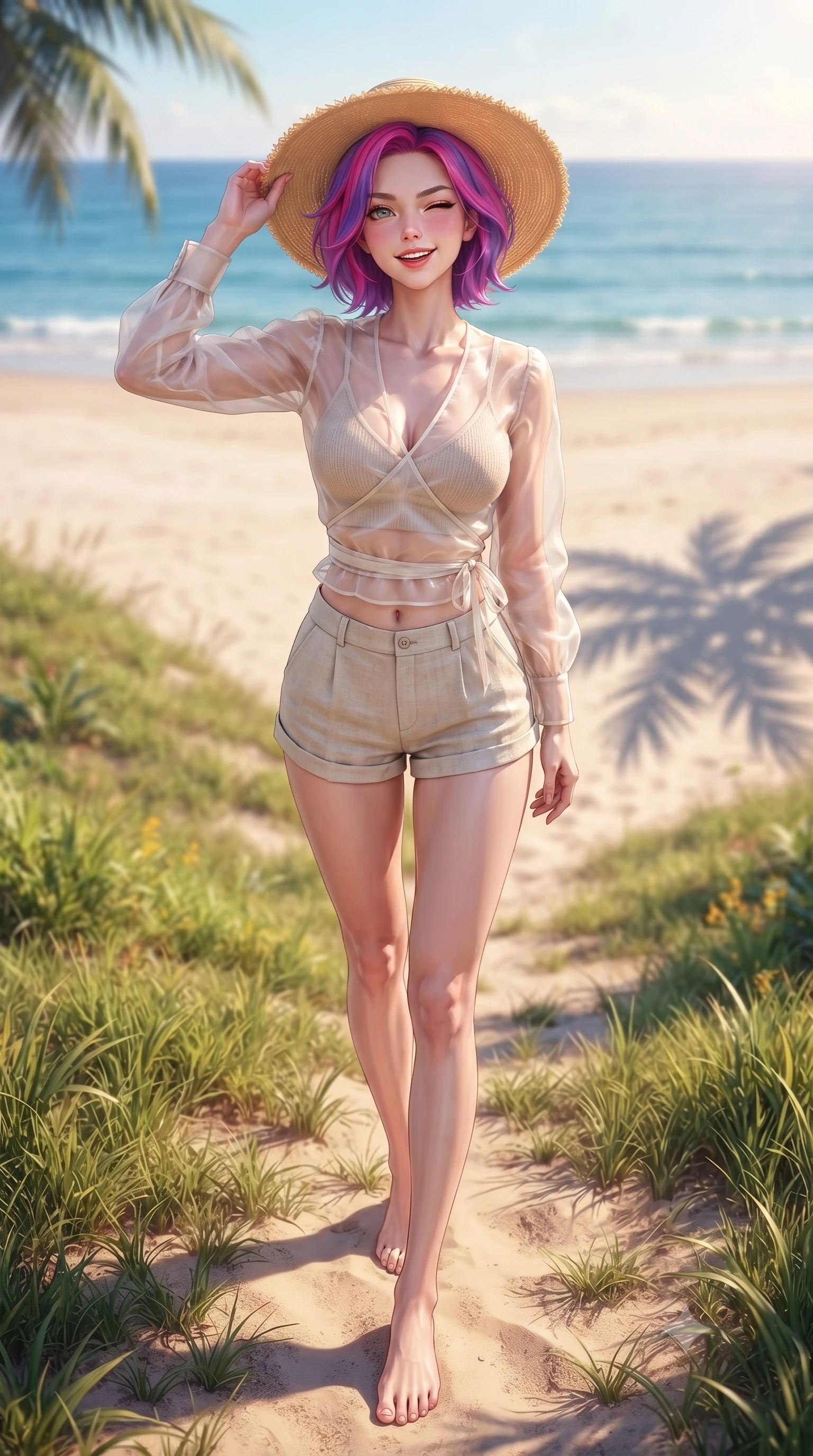 score_9, masterpiece, best quality, ultra-detailed, high-budget anime keyframe, editorial fashion photography, tasteful artistic composition, Caucasian woman. low angle full-body shot from head to toe showing her feet, filling the entire 9:16 vertical frame with her statuesque presence, stretching her vertical silhouette. standing in a captivating power pose, tilting her chin up with a smoldering, bright expression set against a soft-focus background of on a grassy dune path overlooking a wide sandy beach and blue water holding a wide-brimmed straw hat to her head with a playful wink. She has an absolutely perfect, statuesque 8.5-heads proportion, an exceptionally tall and slender model-like female figure with impossibly long slender legs and an ultra-slim waist. sharp v-shaped jawline, high-bridge nose, intricate jewel-like eyes with depth, thick eyelashes, glossy lips with a natural sheen. wearing body-hugging sheer organza wrap top over a slim-fit knit bralette and low-cut linen shorts. soft late afternoon sunbeams casting long shadows of palm leaves on the sand. highly saturated vibrant anime colors, detailed shading with soft gradients, rich glossy textures, high-contrast stereoscopic depth, volumetric dynamic lighting, master piece, 9:16 ratio