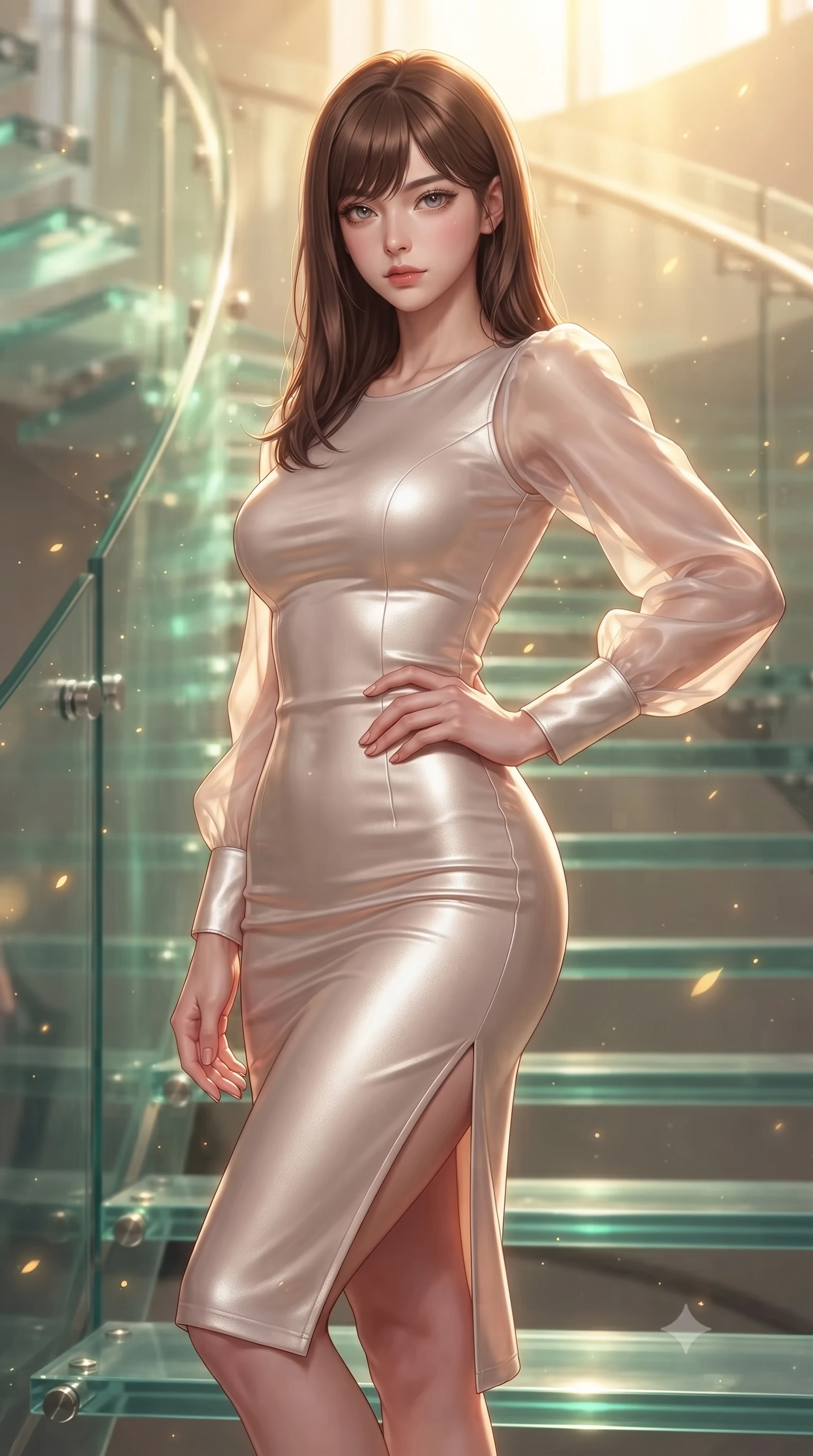 score_9, masterpiece, best quality, ultra-detailed, high-budget anime keyframe, editorial fashion photography, tasteful artistic composition, Korean woman. close-up cowboy shot from the waist and thighs up, the character dominates the composition, filling the frame with her large presence, background elements kept in soft focus. Holding a confident power pose with one hand on her hip, gazing directly into the camera with quiet intensity ascending a vertical spiral glass staircase enveloped by tropical sunbeams, glowing pollen particles drifting gracefully around her form. She has an exceptionally elegant, slender, and willowy female figure with an ultra-slim waist, a gracefully sculpted slender torso, and a refined silhouette. sharp v-shaped jawline, high-bridge nose, intricate jewel-like eyes with depth, thick eyelashes, glossy lips with a natural sheen. wearing a sleek bodycon knit dress with sheer organza sleeve panels in pearl white and rose gold, made of premium stretch velvet with a rich sheen, finished with a sleek side slit ascending to mid-thigh, the form-contouring material highlighting her ultra-slim waist and long lines. bathed in warm golden sunlight and soft emerald bioluminescent glow. ultra-reflective glossy finish, specular highlights, metallic sheen, high-contrast stereoscopic depth, volumetric dynamic lighting, 2k, ultra detail, master piece, 9:16 ratio