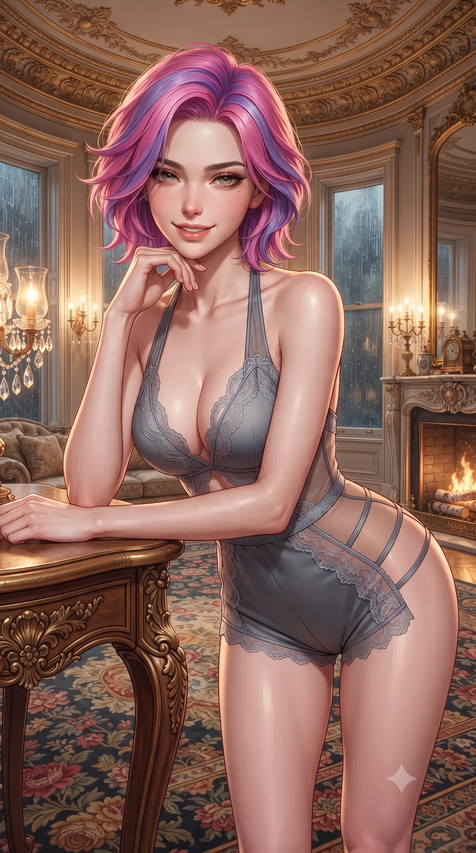 score_9, masterpiece, best quality, ultra-detailed, high-budget anime keyframe, editorial fashion photography, tasteful artistic composition, Caucasian woman. close-up cowboy shot from the waist and thighs up, the character dominates the composition, filling the frame with her large presence. resting one elbow on the table and supporting her chin, leaning close to the camera with heavy-lidded sparkling eyes and parted lips while standing poised on the Aubusson floral carpet beneath gilded plaster ceiling cornices, arching her back with aristocratic supermodel charisma as rain taps against tall bay windows. The surrounding environment is rendered in vivid detail and crisp panoramic clarity: detailed garment tailoring, delicate trims, and Victorian royal craft in razor-sharp precision. She has an exceptionally elegant, slender, and willowy female figure with an ultra-slim waist, flat toned midriff, narrow ribcage, and sculpted feminine hips creating an alluring, slim hourglass silhouette without bulk. sharp v-shaped jawline, high-bridge nose, intricate jewel-like sparkling eyes with depth, thick eyelashes, glossy parted lips with a natural peach sheen, bright cheerful beaming smile with an enchanting and coquettish sensual glint, exuding both youthful cute charm and seductive allure, flawlessly proportioned anatomical accuracy, strict slender model proportions, natural body alignment, perfectly sculpted long slender limbs, ultra-slim waistline, clean dynamic posture without body distortion. wearing a daring low-cut halterneck romper with exposed midriff and strappy hip cutouts in Mont-Saint-Michel granite slate grey and moonlit tide silver, featuring strategic sheer-illusion tulle side panels framing her ribcage and hips, finished with scalloped eyelash lace trim framing her sweetheart neckline with intimate elegance, the high-slit wrap tailoring accentuating her ultra-slim waistline and the enchanting curve of her feminine hips with alluring seductive charm. bathed in the warm golden 2500K glow of crystal lamps and crackling birch logs in the hearth. ultra-reflective glossy finish, specular highlights, rich textural contrasts, high-contrast stereoscopic depth, volumetric dynamic lighting, 2k, ultra detail, master piece, 9:16 ratio