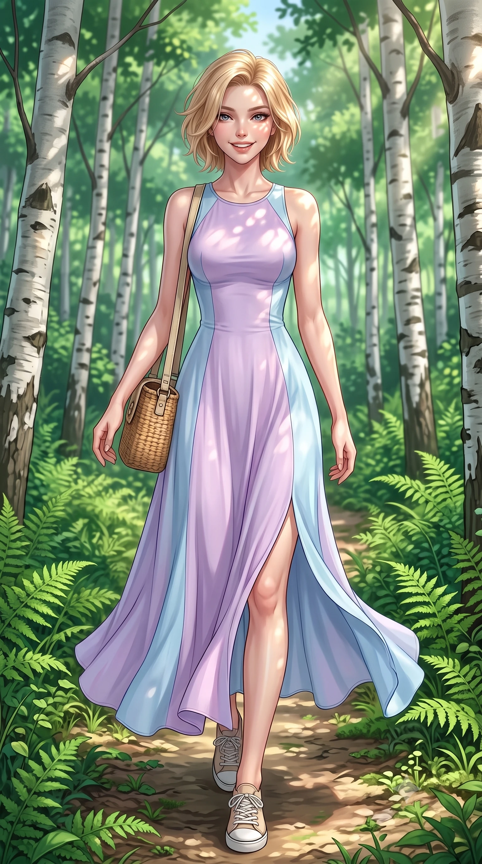 score_9, masterpiece, best quality, ultra-detailed, high-budget anime keyframe, semi-realistic 3D game render, editorial fashion photography, tasteful artistic composition, Caucasian woman. close-up cowboy shot from the waist and thighs up, the character dominates the composition, filling the frame with her large presence. radiating a joyful bright smile with sparkling jewel-like eyes and pure charming energy, leaning forward with playful grace while strolling happily along a sun-dappled forest path surrounded by slender white birch trunks and lush emerald ferns. The surrounding environment is rendered in vivid detail and crisp panoramic clarity. intricate woodland chiaroscuro and pristine natural forest ecosystems captured with precision. She has an exceptionally elegant, slender, and willowy female figure with an ultra-slim waist, a gracefully sculpted slender torso, toned flat midriff, and a refined slim silhouette. sharp v-shaped jawline, high-bridge nose, intricate jewel-like eyes with depth, thick eyelashes, glossy lips with a natural sheen, pure and lovely fresh girlhood expression, flawlessly proportioned anatomical accuracy, strict slender model proportions, natural body alignment, perfectly sculpted long slender limbs, ultra-slim waistline, clean dynamic posture without body distortion. wearing a flowy silk-chiffon maxi dress with a gentle side slit and fluttering hemline in soft pastel lavender and delicate sky blue, made of comfortable premium stretch denim and airy cotton-jersey, accessorized with a rustic woven wicker bag and canvas strap, the tailored casual silhouette highlighting her fresh and youthful presence and perfectly proportioned slender frame. illuminated by soft natural dappled forest light creating playful sun patterns across her face and dress. highly saturated vibrant anime colors, detailed shading with soft gradients, rich glossy textures, high-contrast stereoscopic depth, volumetric dynamic lighting, master piece, 9:16 ratio