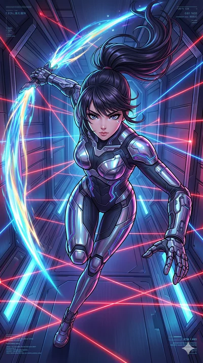 score_9, masterpiece, best quality, ultra-detailed, high-budget anime movie keyframe, cinematic anime lighting, intricate line art, Japanese woman. Extreme high angle shot as she leaps towards the camera, filling the frame. lunging forward with a shi