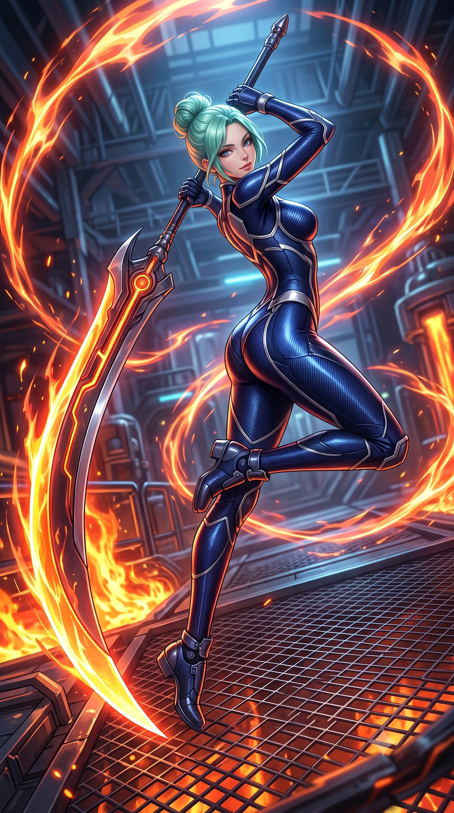 score_9, masterpiece, best quality, ultra-detailed, high-budget anime keyframe, semi-realistic 3D game render, editorial fashion photography, tasteful artistic composition, Japanese woman. low angle full-body shot from head to toe showing her feet, filling the entire 9:16 vertical frame with her statuesque presence, stretching her vertical silhouette. arching her back gracefully in mid-air during a dynamic combat vault, her weapon energy trail framing her statuesque presence while resting the long scythe haft against her shoulder with an alluring, dangerous smile looking directly into the camera. The surrounding environment is rendered in vivid detail and crisp panoramic clarity. razor-sharp molten plasma scythe blade curvature, glowing energy conduits along the staff, and iron grating in deep focus. She has an absolutely perfect, statuesque 8.5-heads proportion, an exceptionally tall and slender model-like female figure with impossibly long slender legs, a toned flat midriff, and an ultra-slim waist. sharp v-shaped jawline, high-bridge nose, intricate jewel-like eyes with depth, thick eyelashes, glossy lips with a natural sheen, flawlessly proportioned anatomical accuracy, strict slender model proportions, natural body alignment, perfectly sculpted long slender limbs, ultra-slim waistline, clean dynamic posture without body distortion. wearing a statuesque midnight cobalt carbon-fiber armor-suit with platinum trim and an ultra-slim waistline, resting a massive sleek high-frequency anti-material greatsword across her shoulder in glacial ice-cyan carbon mesh with pure white armor plates, crafted from ultra-strong woven carbon-fiber composite with a satin luster, detailed with magnetic weapon holsters and polished chrome connection clasps, the liquid-tight tailored fabric emphasizing every curve of her tall, slender model proportions and sculptured silhouette during dynamic movement. surrounded by a fierce, elemental, and irresistibly powerful cyber-valkyrie of fire atmosphere. rich saturated anime colors with glowing neon highlights, detailed shading with soft gradients, rich glossy textures, high-contrast stereoscopic depth, volumetric dynamic lighting, master piece, 9:16 ratio