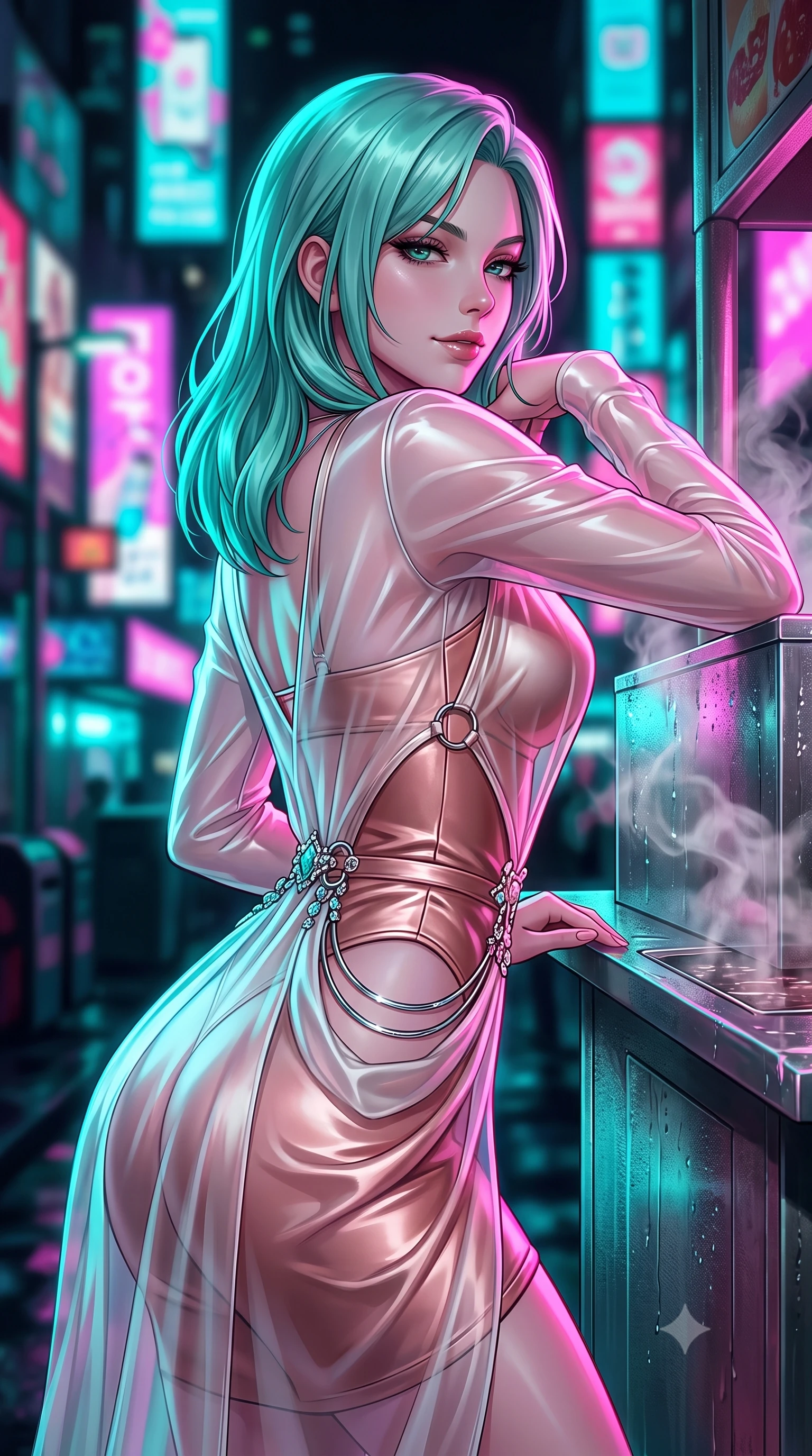 score_9, masterpiece, best quality, ultra-detailed, high-budget anime keyframe, editorial fashion photography, tasteful artistic composition, Japanese woman. close-up cowboy shot from the waist and thighs up, the character dominates the composition, filling the frame with her large presence, background elements kept in soft focus. Glancing sidelong over her shoulder with a smoldering half-smile and heavy lashes resting against a sleek metallic food cart as steam rises into rain-slicked air, dense holographic advertisements casting dynamic colorful shadows. She has an exceptionally elegant, slender, and willowy female figure with an ultra-slim waist, a gracefully sculpted slender torso, and a refined silhouette. sharp v-shaped jawline, high-bridge nose, intricate jewel-like eyes with depth, thick eyelashes, glossy lips with a natural sheen. wearing a semi-opaque sheer overlay dress over a leather micro-bodysuit in pearl white and rose gold, crafted from lustrous satin jersey with fluid draping, accented with delicate chrome ring hardware framing her waist, the tailored fabric tightly following every curve of her athletic build. drenched in intense neon magenta and cyan rim light with dark contrast. highly saturated vibrant anime colors, detailed shading with soft gradients, rich glossy textures, high-contrast stereoscopic depth, volumetric dynamic lighting, master piece, 9:16 ratio