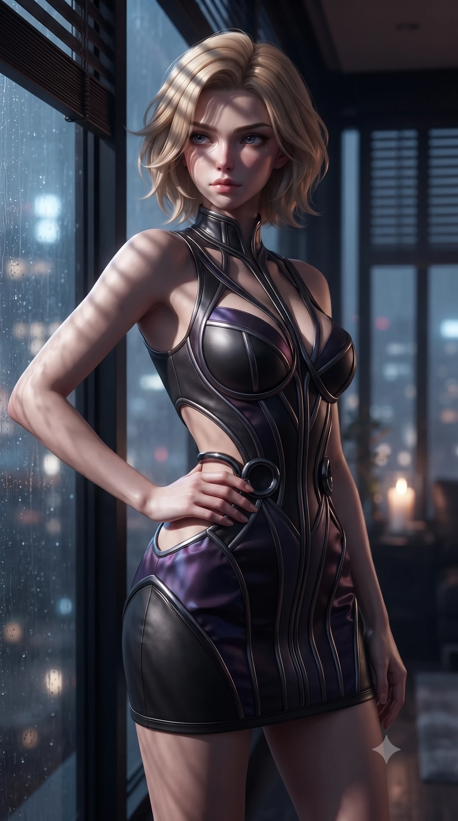 score_9, masterpiece, best quality, ultra-detailed, high-budget anime keyframe, editorial fashion photography, tasteful artistic composition, Caucasian woman. close-up cowboy shot from the waist and thighs up, the character dominates the composition, filling the frame with her large presence, background elements kept in soft focus. Holding a confident power pose with one hand on her hip, standing beside a floor-to-ceiling dark glass window looking over a rain-soaked metropolis at 3 AM, dramatic chiaroscuro shadow patterns from wooden window blinds across her face. She has an exceptionally elegant, slender, and willowy female figure with an ultra-slim waist, a gracefully sculpted slender torso, and a refined silhouette. sharp v-shaped jawline, high-bridge nose, intricate jewel-like eyes with depth, thick eyelashes, glossy lips with a natural sheen. wearing architectural cut-out dark leather mini dress with sculpted metallic boning in dark charcoal gray, made of iridescent dark violet taffeta, accented with sculpted obsidian chrome rings at the waist, the fitted fabric emphasizing her ultra-slim waist. drenched in moody chiaroscuro with soft candle glow and deep dark tones. highly saturated vibrant anime colors, detailed shading with soft gradients, rich glossy textures, high-contrast stereoscopic depth, volumetric dynamic lighting, master piece, 9:16 ratio