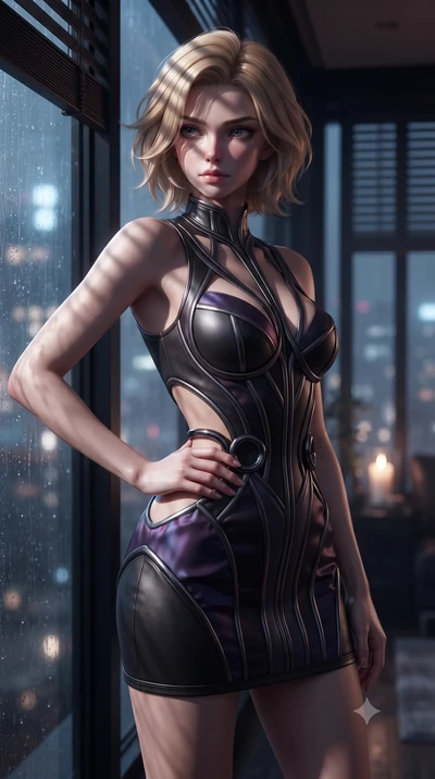 score_9, masterpiece, best quality, ultra-detailed, high-budget anime keyframe, editorial fashion photography, tasteful artistic composition, Caucasian woman. close-up cowboy shot from the waist and thighs up, the character dominates the composition,