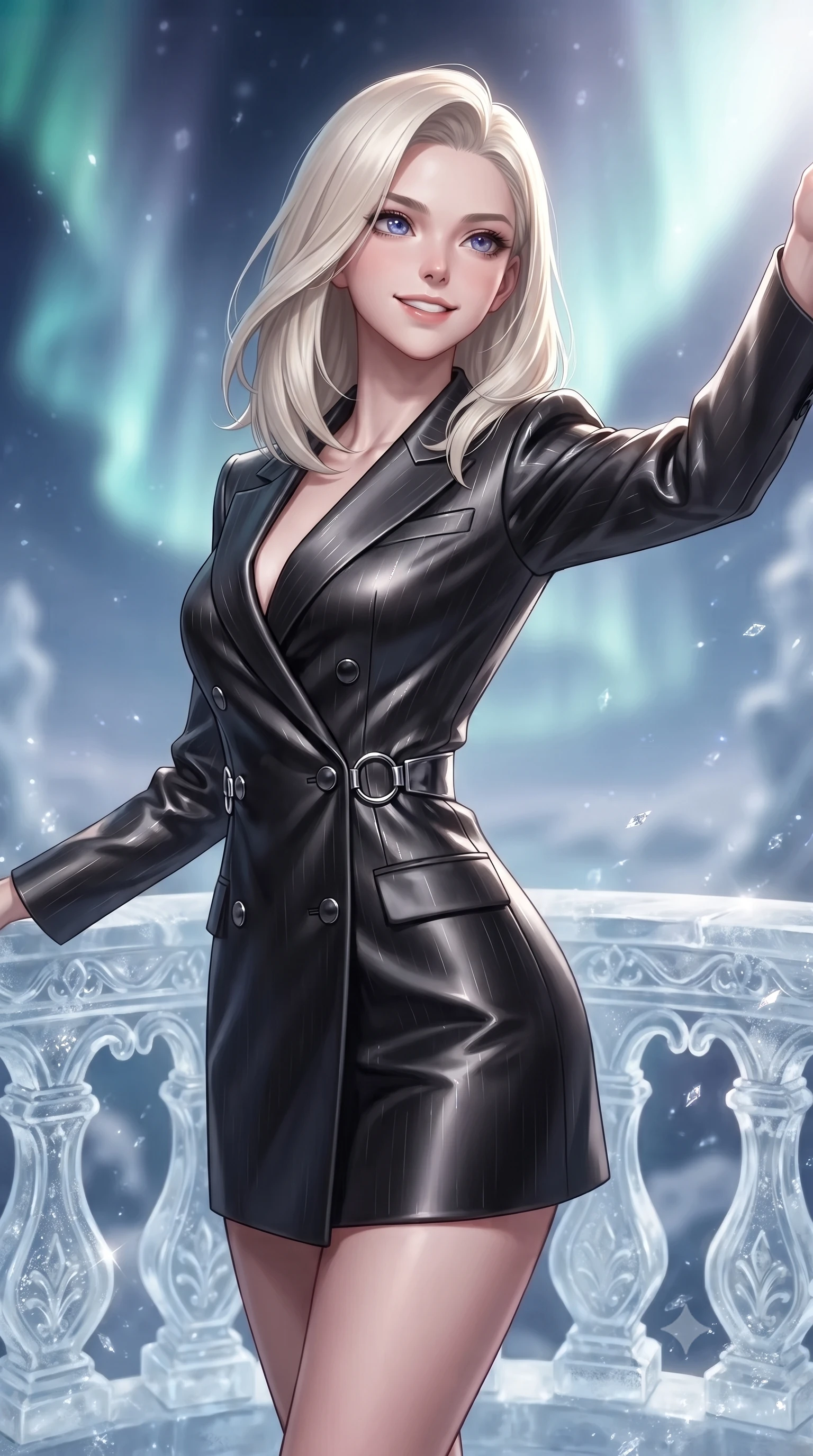 score_9, masterpiece, best quality, ultra-detailed, high-budget anime keyframe, editorial fashion photography, tasteful artistic composition, Caucasian woman. close-up cowboy shot from the waist and thighs up, the character dominates the composition, filling the frame with her large presence, background elements kept in soft focus. Extending one arm in an elegant stretch toward the light while smiling with magnetic self-assurance while standing dynamically on an ice-carved opera balcony under a soaring polar aurora sky, glimmering ice crystals scattering crisp silver specular highlights everywhere. She has an exceptionally elegant, slender, and willowy female figure with an ultra-slim waist, a gracefully sculpted slender torso, and a refined silhouette. sharp v-shaped jawline, high-bridge nose, intricate jewel-like eyes with depth, thick eyelashes, glossy lips with a natural sheen, flawlessly proportioned anatomical accuracy, natural body alignment, perfectly sculpted elegant limbs, clean dynamic posture without body distortion. wearing a double-breasted blazer dress with subtle metallic pin-stripes in matte black and polished silver, crafted from lustrous satin jersey with fluid draping, accented with delicate chrome ring hardware framing her waist, the form-contouring material highlighting her ultra-slim waist and long lines. illuminated by dramatic opera key lights with ultra-bright specular highlights. ultra-reflective glossy finish, specular highlights, metallic sheen, high-contrast stereoscopic depth, volumetric dynamic lighting, 2k, ultra detail, master piece, 9:16 ratio