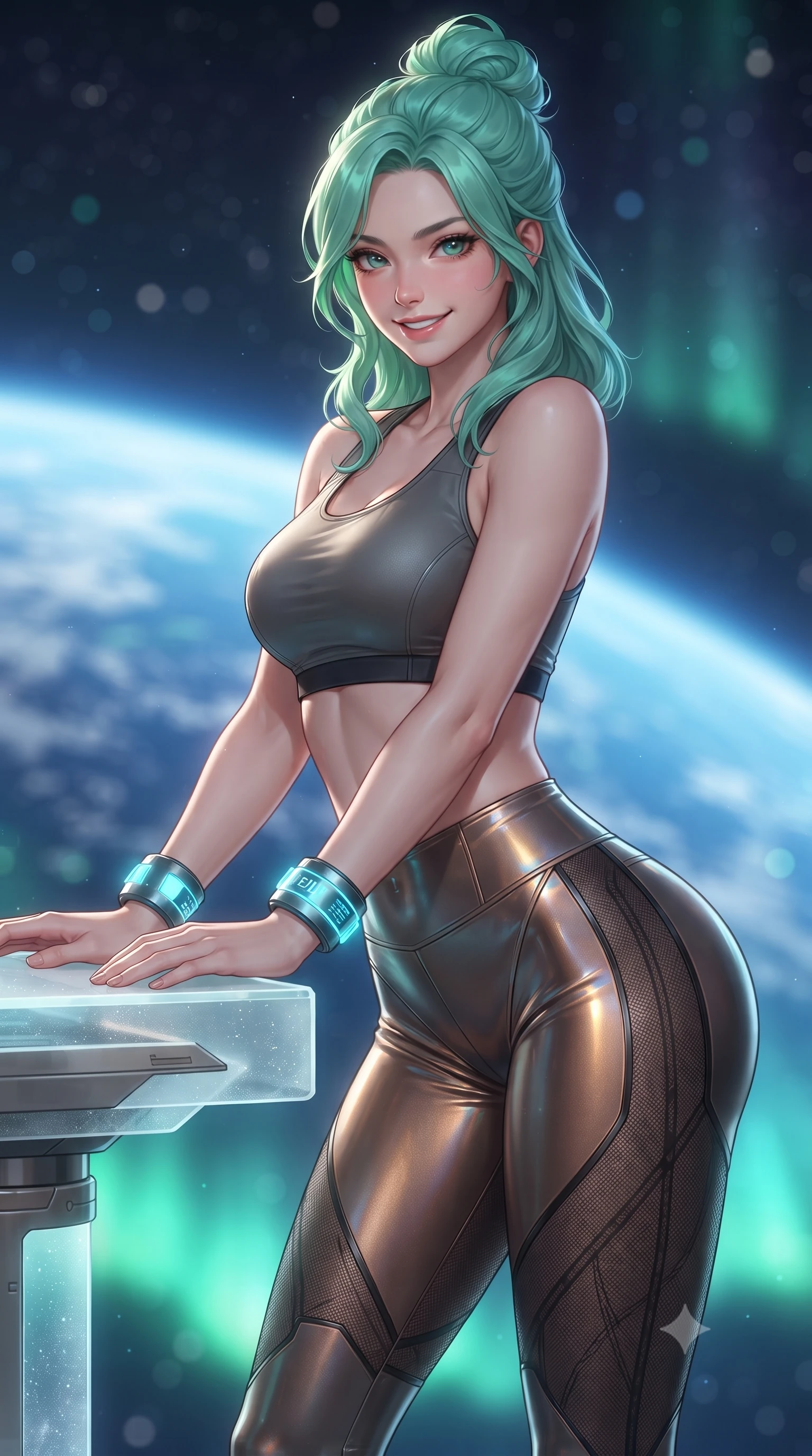 score_9, masterpiece, best quality, ultra-detailed, high-budget anime keyframe, editorial fashion photography, tasteful artistic composition, Japanese woman. close-up cowboy shot from the waist and thighs up, the character dominates the composition, filling the frame with her large presence. resting both hands lightly on the holoscreen pedestal while leaning toward the lens with a teasing smirk, her tight combat suit hugging her narrow waist and feminine hip curve while twisting her slender torso in an alluring contrapposto stance, cosmic starlight and auroral ribbons sculpting her tight combat suit against her waist and hips. The background shows a soft-focus the luminous blue curvature of Earth and shimmering emerald polar auroras blurred into sapphire, turquoise, and starlight bokeh. She has an exceptionally elegant, slender, and willowy female figure with an ultra-slim waist, flat toned midriff, narrow ribcage, and sculpted feminine hips creating an alluring, slim hourglass silhouette without bulk. sharp v-shaped jawline, high-bridge nose, intricate jewel-like sparkling eyes with depth, thick eyelashes, glossy parted lips with a natural sheen, bright confident smile with an enchanting and coquettish sensual glint, exuding both youthful magnetic charm and sovereign high-tech allure, flawlessly proportioned anatomical accuracy, strict slender model proportions, natural body alignment, perfectly sculpted long slender limbs, ultra-slim waistline, clean dynamic posture without body distortion. wearing a tactical racerback athletic crop top paired with skin-tight high-waisted holographic combat leggings in burnished bronze alloy and smoked glass black, crafted from sheer technical cyber-lace reinforced with ultra-thin Kevlar threads, featuring sleek glowing cyan HUD display wrist cuffs with floating data telemetry, the liquid-tight tailored fabric clinging flawlessly to her narrow waist and rounded feminine hips, emphasizing every millimeter of her sculpted slim hourglass curves without any bulky heaviness. bathed in soft celestial starlight and radiant emerald aurora glow from below. ultra-reflective glossy finish, specular highlights, rich textural contrasts, high-contrast stereoscopic depth, volumetric dynamic lighting, 2k, ultra detail, master piece, 9:16 ratio