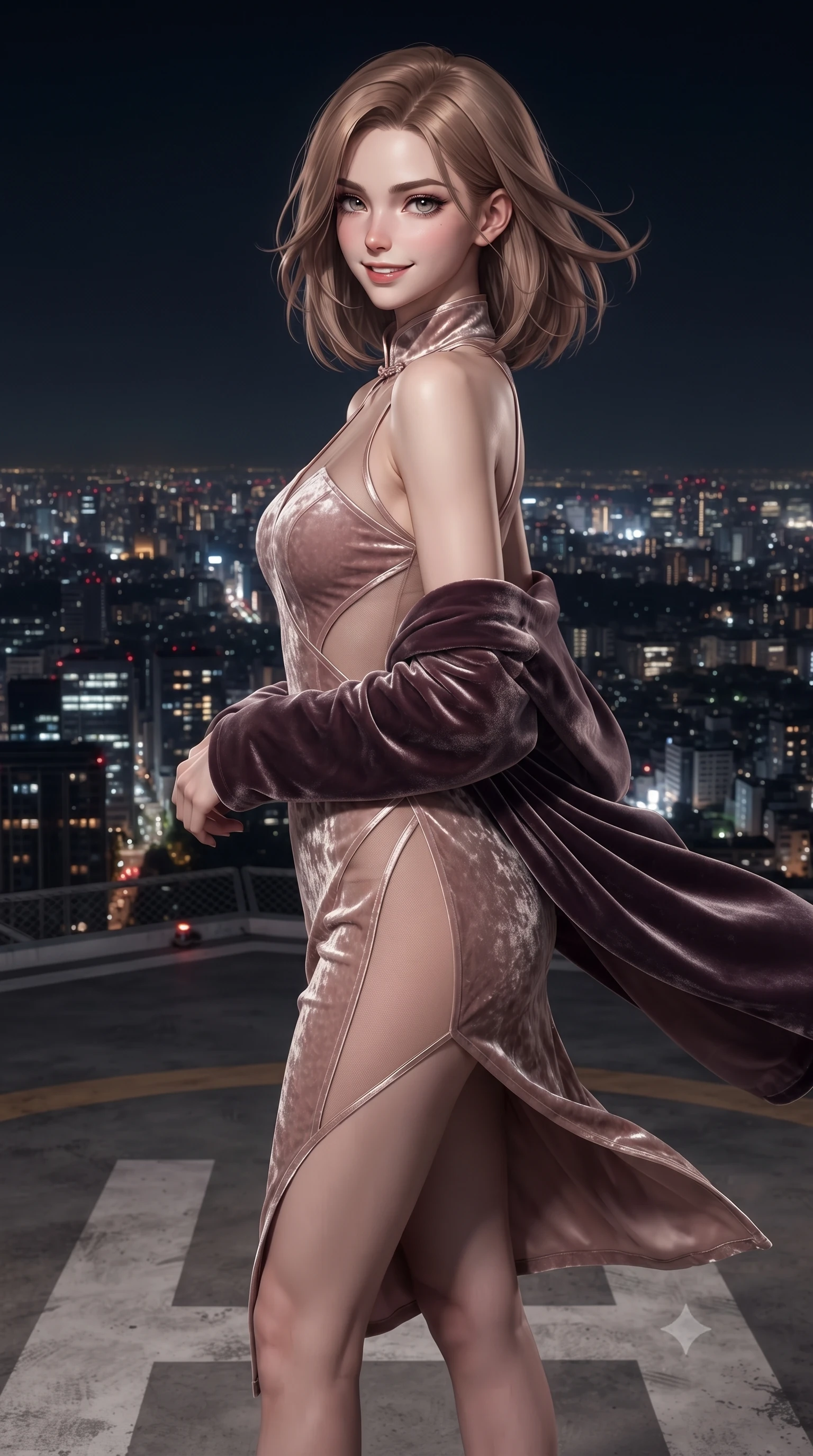 score_9, masterpiece, best quality, ultra-detailed, high-budget anime keyframe, editorial fashion photography, tasteful artistic composition, Korean woman. close-up cowboy shot from the waist and thighs up, the character dominates the composition, filling the frame with her large presence. turning over a bare shoulder with an intoxicating, teasing smile, her soft hair framing her sharp jawline as her hips angle gracefully while standing poised at the center of the rooftop helipad facing the gale-force night wind, arching her spine in pure exhilaration as her dress flutters violently. The surrounding environment is rendered in vivid detail and crisp panoramic clarity. epic high-altitude urban chiaroscuro and raw high-fashion rooftop adrenaline rendered with precision. She has an exceptionally elegant, slender, and willowy female figure with an ultra-slim waist, flat toned midriff, narrow ribcage, and sculpted feminine hips creating an alluring, slim hourglass silhouette without bulk. sharp v-shaped jawline, high-bridge nose, intricate jewel-like eyes with depth, thick eyelashes, glossy parted lips with a natural sheen, intensely captivating and seductive bedroom-eyes expression, flawlessly proportioned anatomical accuracy, strict slender model proportions, natural body alignment, perfectly sculpted long slender limbs, ultra-slim waistline, clean dynamic posture without body distortion. wearing a wet-look silk fusion wrap dress with asymmetrical sheer mesh cutouts and high Mandarin collar in dusky blush rose and champagne shimmer, crafted from heavyweight crushed silk velvet with liquid vintage luster, complemented by a plush velvet shawl draped loosely over her elbows, the glove-like aerodynamic silhouette tightly following the natural contour of her hips and long slender legs with statuesque 8.5-heads elegance. illuminated by crisp directional wind-edge highlights sculpting her bare collarbones, slender waist, and curvy hips. ultra-reflective glossy finish, specular highlights, rich textural contrasts, high-contrast stereoscopic depth, volumetric dynamic lighting, 2k, ultra detail, master piece, 9:16 ratio