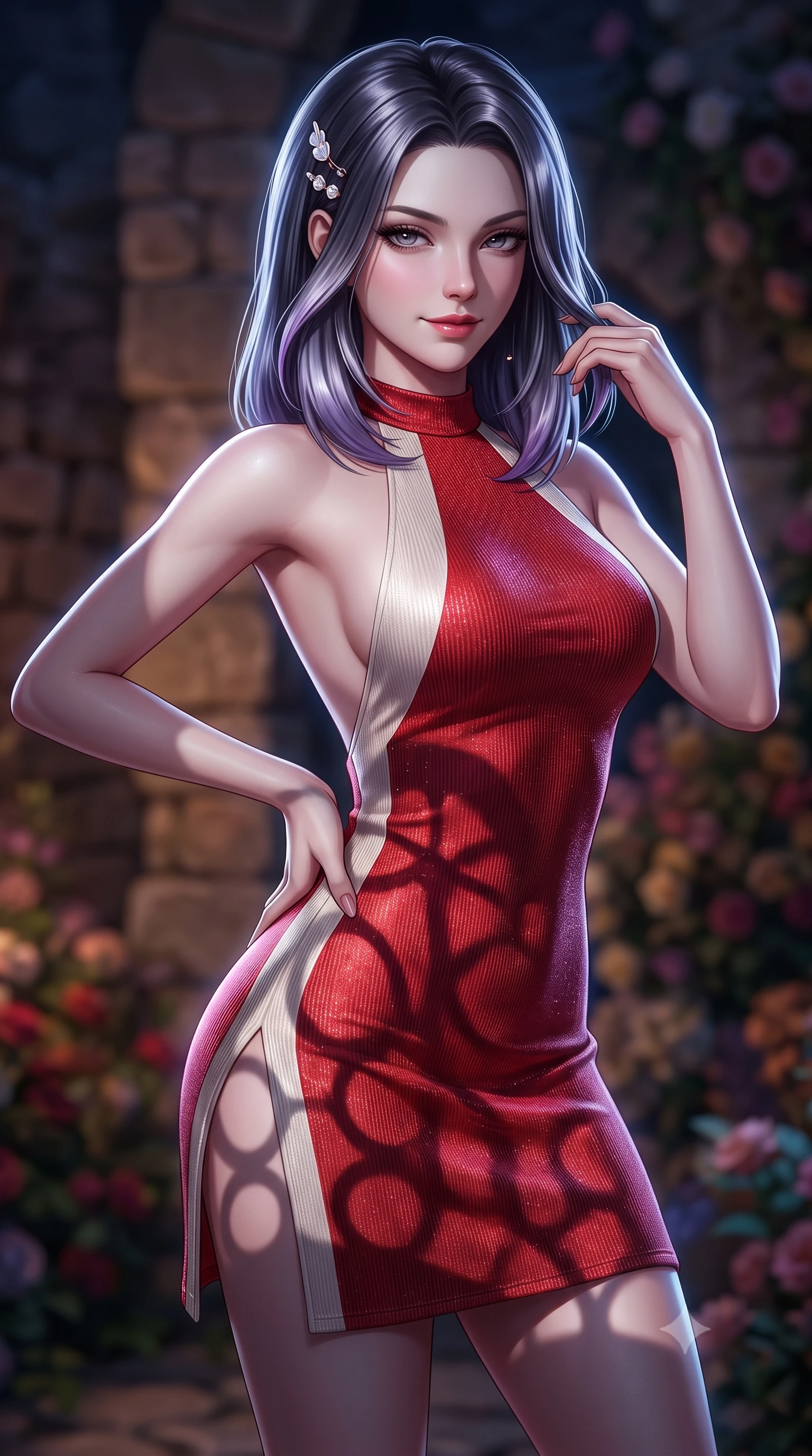 score_9, masterpiece, best quality, ultra-detailed, high-budget anime keyframe, semi-realistic 3D game render, editorial fashion photography, tasteful artistic composition, Caucasian woman. close-up cowboy shot from the waist and thighs up, the character dominates the composition, filling the frame with her large presence. twisting her slender torso in an alluring contrapposto stance, one hand resting on her sculpted hip while her fingers toy with her hair with effortless poise while twisting her slender torso in an alluring S-curve, midnight moonlight casting geometric circular shadows over her waist and hips. The background shows a soft-focus rustic stone masonry softened in intimate royal garden shallow focus. She has an exceptionally elegant, slender, and willowy female figure with an ultra-slim waist, flat toned midriff, narrow ribcage, and sculpted feminine hips creating an alluring, slim hourglass silhouette without bulk. sharp v-shaped jawline, high-bridge nose, sparkling eyes with hypnotic seductive depth, thick curled eyelashes, glossy parted lips with a natural dewy peach sheen, alluring bedroom-eyes with an enchanting coquettish smile, exuding magnetic siren charisma and sophisticated glamour, flawlessly proportioned anatomical accuracy, strict slender model proportions, natural body alignment, perfectly sculpted long slender limbs, ultra-slim waistline, clean dynamic posture without body distortion. wearing a slinky backless halterneck column mini dress in shimmering stretch lurex with deep side slits in royal vermilion crimson and pale ivory silk, tailored from fine ribbed modal knit with gentle elastic contouring and soft hand-feel, finished with delicate mother-of-pearl hairpin ornaments glinting in her dark glossy hair, the form-contouring silhouette accentuating her sculpted flat midriff, narrow delicate ribcage, and gracefully curvy hips with intoxicating allure. illuminated by stone bounce fill and sharp platinum rim lights defining her collarbones, narrow waist, and curvy hips. highly saturated vibrant anime colors, detailed shading with soft gradients, rich glossy textures, high-contrast stereoscopic depth, volumetric dynamic lighting, master piece, 9:16 ratio
