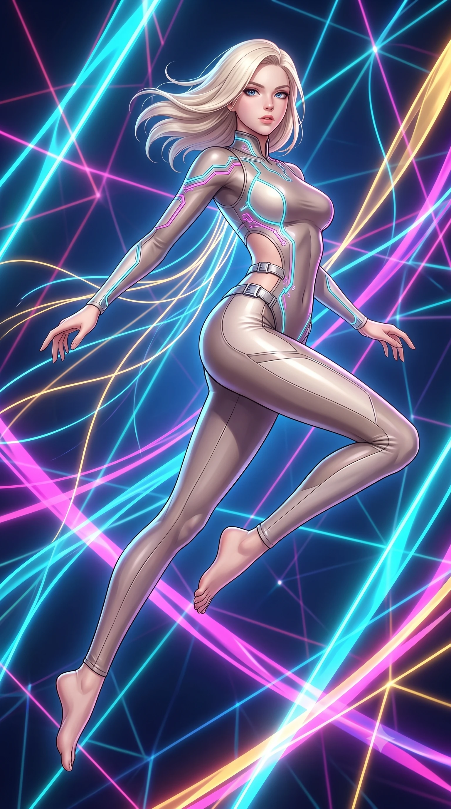 score_9, masterpiece, best quality, ultra-detailed, high-budget anime keyframe, editorial fashion photography, tasteful artistic composition, Caucasian woman. low angle full-body shot from head to toe showing her feet, filling the entire 9:16 vertical frame with her statuesque presence, stretching her vertical silhouette. pivoting dynamically in zero-gravity with fluid body alignment, displaying her perfect model proportions while leaping across a geometric light matrix with glowing filament threads fluttering behind her, fluorescent cyan, magenta, and gold plasma ribbons crossing in 3D space. She has an absolutely perfect, statuesque 8.5-heads proportion, an exceptionally tall and slender model-like female figure with impossibly long slender legs and an ultra-slim waist. sharp v-shaped jawline, high-bridge nose, intricate jewel-like eyes with depth, thick eyelashes, glossy lips with a natural sheen, flawlessly proportioned anatomical accuracy, natural body alignment, perfectly sculpted elegant limbs, clean dynamic posture without body distortion. wearing a skin-tight cybernetic bodysuit with glowing neon seams and side cutouts in muted taupe and soft ivory, crafted from smooth liquid silk, detailed with polished silver buckles along the waistline, the form-contouring material highlighting her ultra-slim waist and long lines. bathed in sharp geometric laser grid highlights and soft ambient fill. highly saturated vibrant anime colors, detailed shading with soft gradients, rich glossy textures, high-contrast stereoscopic depth, volumetric dynamic lighting, master piece, 9:16 ratio