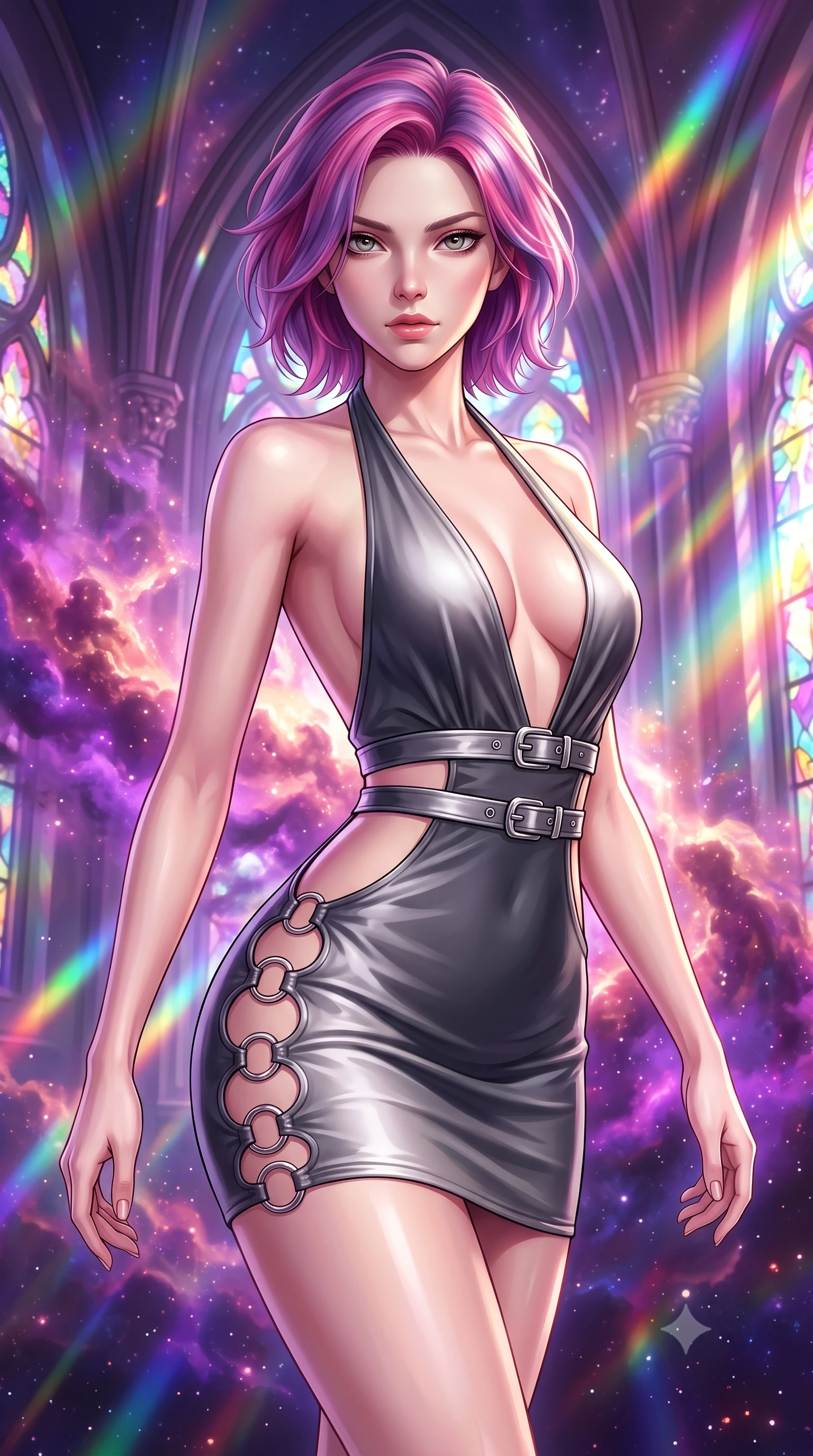 score_9, masterpiece, best quality, ultra-detailed, high-budget anime keyframe, editorial fashion photography, tasteful artistic composition, Caucasian woman. close-up cowboy shot from the waist and thighs up, the character dominates the composition, filling the frame with her large presence, background elements kept in soft focus. Gazing past the lens with composed intensity as her torso curves dynamically in mid-motion while pivoting her body in a dynamic S-curve as cosmic nebula clouds swirl around her, vivid purple and rose-gold nebula clouds glowing through cathedral-like arches. She has an exceptionally elegant, slender, and willowy female figure with an ultra-slim waist, a gracefully sculpted slender torso, and a refined silhouette. sharp v-shaped jawline, high-bridge nose, intricate jewel-like eyes with depth, thick eyelashes, glossy lips with a natural sheen, flawlessly proportioned anatomical accuracy, natural body alignment, perfectly sculpted elegant limbs, clean dynamic posture without body distortion. wearing a deep-scoop halter bodycon dress with hip cutouts connected by silver rings in charcoal grey and platinum, crafted from smooth liquid silk, detailed with polished silver buckles along the waistline, the glove-like fit emphasizing her statuesque silhouette during motion. illuminated by cascading rainbow prismatic light refracting through stained glass. highly saturated vibrant anime colors, detailed shading with soft gradients, rich glossy textures, high-contrast stereoscopic depth, volumetric dynamic lighting, master piece, 9:16 ratio