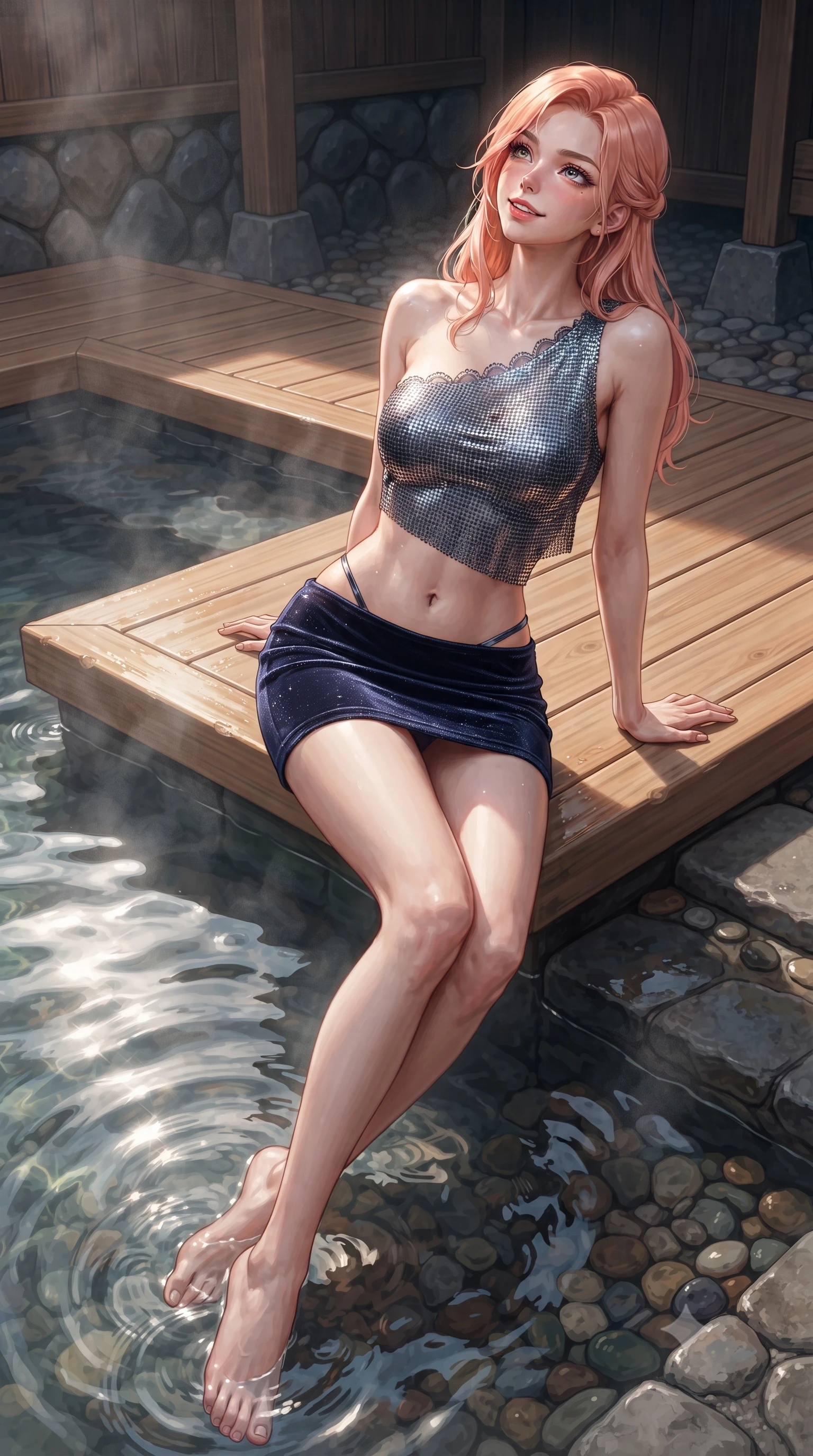 score_9, masterpiece, best quality, ultra-detailed, high-budget anime keyframe, editorial fashion photography, tasteful artistic composition, Japanese woman. low angle full-body shot from head to toe showing her feet, filling the entire 9:16 vertical frame with her statuesque presence, stretching her vertical silhouette. sitting poised on the stone steps with one knee bent, arching her spine with supermodel elegance as she glances upward through thick eyelashes while sitting perched on the wooden onsen deck with legs dipped in steaming thermal water, flashing an enchanting, flirtatious smile. The surrounding environment is rendered in vivid detail and crisp panoramic clarity: sharp wet hinoki wood grain textures, steaming water ripples, and smooth river pebble flooring in deep focus. She has an exceptionally tall and slender model-like 8.5-heads proportion, an ultra-slim waist, a flat toned midriff, narrow delicate ribcage, and beautifully sculpted feminine hips creating a graceful, slim hourglass silhouette without any bulky heaviness, with impossibly long slender legs. sharp v-shaped jawline, high-bridge nose, intricate jewel-like sparkling eyes with depth, thick eyelashes, glossy parted lips with a natural peach sheen, bright cheerful beaming smile with an enchanting and coquettish sensual glint, exuding both youthful cute charm and seductive allure, flawlessly proportioned anatomical accuracy, strict slender model proportions, natural body alignment, perfectly sculpted long slender limbs, ultra-slim waistline, clean dynamic posture without body distortion. wearing an asymmetric one-shoulder metallic chainmail crop top paired with an ultra-low-rise velvet mini skirt in deep midnight navy and liquid starlight chrome, woven from stretch metallic lurex jersey casting radiant starlight glints across her curves, finished with scalloped eyelash lace trim framing her sweetheart neckline with intimate elegance, the form-contouring silhouette accentuating her sculpted flat midriff, narrow delicate ribcage, and gracefully curvy hips with intoxicating allure. illuminated by thermal pool surface caustics and sharp pearlescent rim lights sculpting her razor-sharp jawline, narrow waist, and curvy hips. ultra-reflective glossy finish, specular highlights, rich textural contrasts, high-contrast stereoscopic depth, volumetric dynamic lighting, 2k, ultra detail, master piece, 9:16 ratio