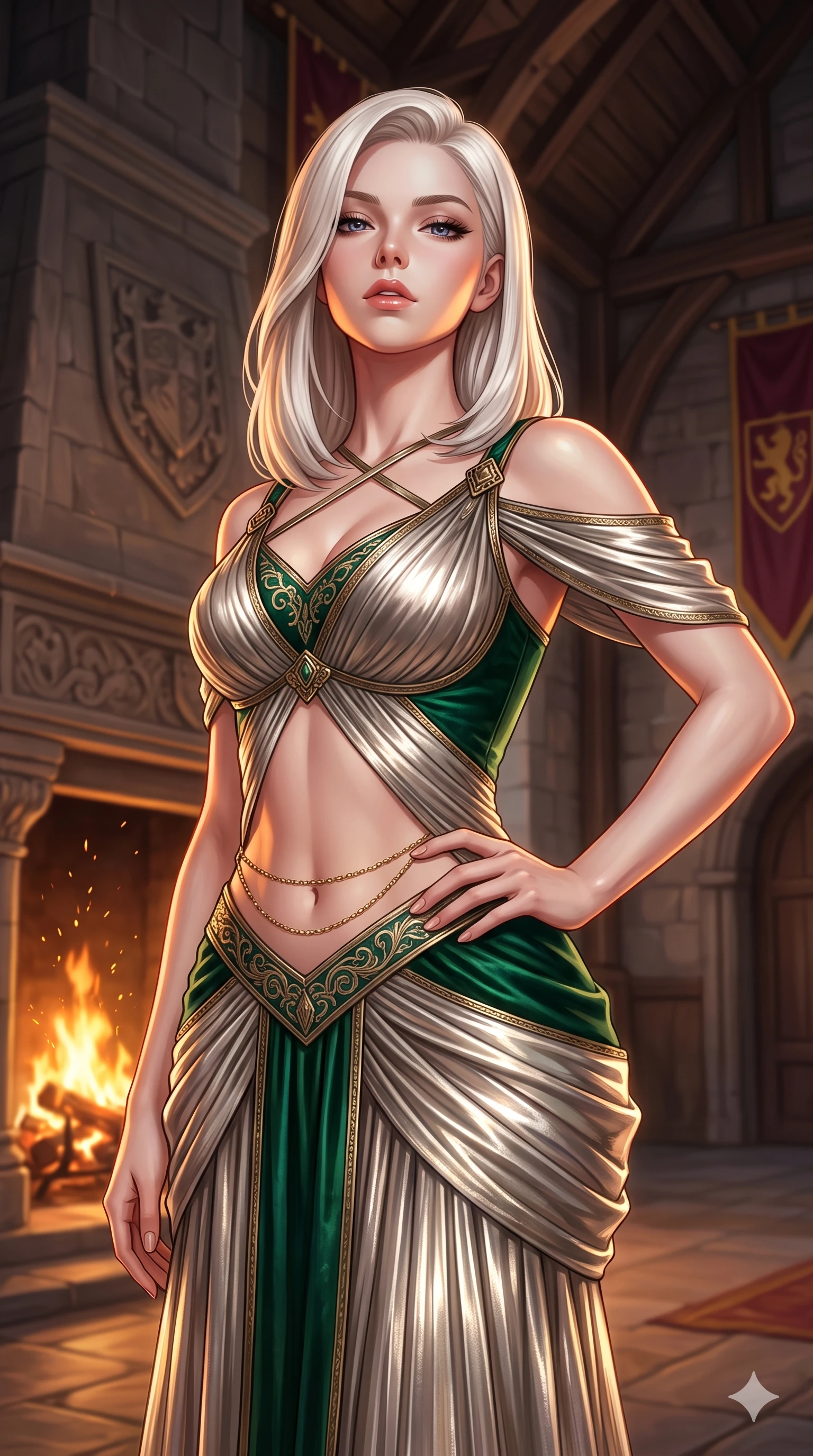 score_9, masterpiece, best quality, ultra-detailed, high-budget anime keyframe, semi-realistic 3D game render, editorial fashion photography, tasteful artistic composition, Caucasian woman. close-up cowboy shot from the waist and thighs up, the character dominates the composition, filling the frame with her large presence. tilting her chin up with proud, sovereign allure while gazing through thick eyelashes, one hand resting on her waist in pure supermodel charisma while twisting her slender torso in an alluring contrapposto stance, flickering amber firelight wrapping around her flat midriff and hourglass curves. The composition keeps background elements in soft focus with creamy bokeh: towering carved stone mantelpiece with burning oak logs, ancient clan heraldic banners, and high vaulted timber rafters blurred into amber, charcoal, and burgundy bokeh. She has an exceptionally elegant, slender, and willowy female figure with an ultra-slim waist, flat toned midriff, narrow ribcage, and sculpted feminine hips creating an alluring, slim hourglass silhouette without bulk. sharp v-shaped jawline, high-bridge nose, intricate jewel-like eyes with depth, thick eyelashes, glossy parted lips with a natural sheen, intensely captivating and seductive bedroom-eyes expression, flawlessly proportioned anatomical accuracy, strict slender model proportions, natural body alignment, perfectly sculpted long slender limbs, ultra-slim waistline, clean dynamic posture without body distortion. wearing a shimmering pleated metallic lamé gown with delicate crossover back straps and regal silhouette in emerald velvet and antique brass, tailored from ultra-smooth duchess satin with a pearlescent sheen, accented with a dainty gold belly chain resting across her flat midriff and curving hips, the glove-like clinging cut tightly following the natural contour of her hips and long slender legs with youthful 8.5-heads elegance. highly saturated vibrant anime colors, detailed shading with soft gradients, rich glossy textures, master piece, 9:16 ratio. highly saturated vibrant anime colors, detailed shading with soft gradients, rich glossy textures, high-contrast stereoscopic depth, volumetric dynamic lighting, master piece, 9:16 ratio