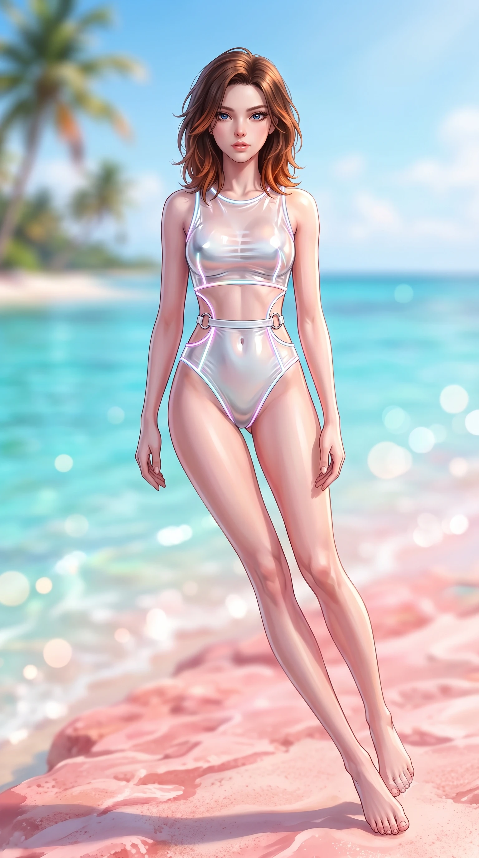 score_9, masterpiece, best quality, ultra-detailed, high-budget anime keyframe, semi-realistic 3D game render, editorial fashion photography, tasteful artistic composition, Korean woman. low angle full-body shot from head to toe showing her feet, filling the entire 9:16 vertical frame with her statuesque presence, stretching her vertical silhouette. performing an alluring mid-air vault with flawless poise, looking directly into the camera with smoldering intensity while reclining along a sun-warmed pink coral shelf as clear turquoise lagoon waves lap gently against her slender thighs. The composition keeps background elements in soft focus with creamy bokeh. crystal-clear turquoise waters and soft pink coral sands blurred into radiant, creamy pastel bokeh. She has an absolutely perfect, statuesque 8.5-heads proportion, an exceptionally tall and slender model-like female figure with impossibly long slender legs, a toned flat midriff, and an ultra-slim waist. sharp v-shaped jawline, high-bridge nose, intricate jewel-like eyes with depth, thick eyelashes, glossy lips with a natural sheen, flawlessly proportioned anatomical accuracy, strict slender model proportions, natural body alignment, perfectly sculpted long slender limbs, ultra-slim waistline, clean dynamic posture without body distortion. wearing an ultra-minimalist clear vinyl crop top and high-waist tech-briefs accented with glowing neon fiber seams in glistening liquid pearl white with rainbow opalescence, made of liquid metal jersey that clings flawlessly to every contour of her build, detailed with polished silver rings connecting the daring side-waist cutouts, the sleek second-skin cut tightly hugging her graceful clavicle, narrow waist, and feminine curves with athletic precision. surrounded by a fresh, sun-soaked, and breathtakingly sensual tropical paradise ambiance. highly saturated vibrant anime colors, detailed shading with soft gradients, rich glossy textures, high-contrast stereoscopic depth, volumetric dynamic lighting, master piece, 9:16 ratio