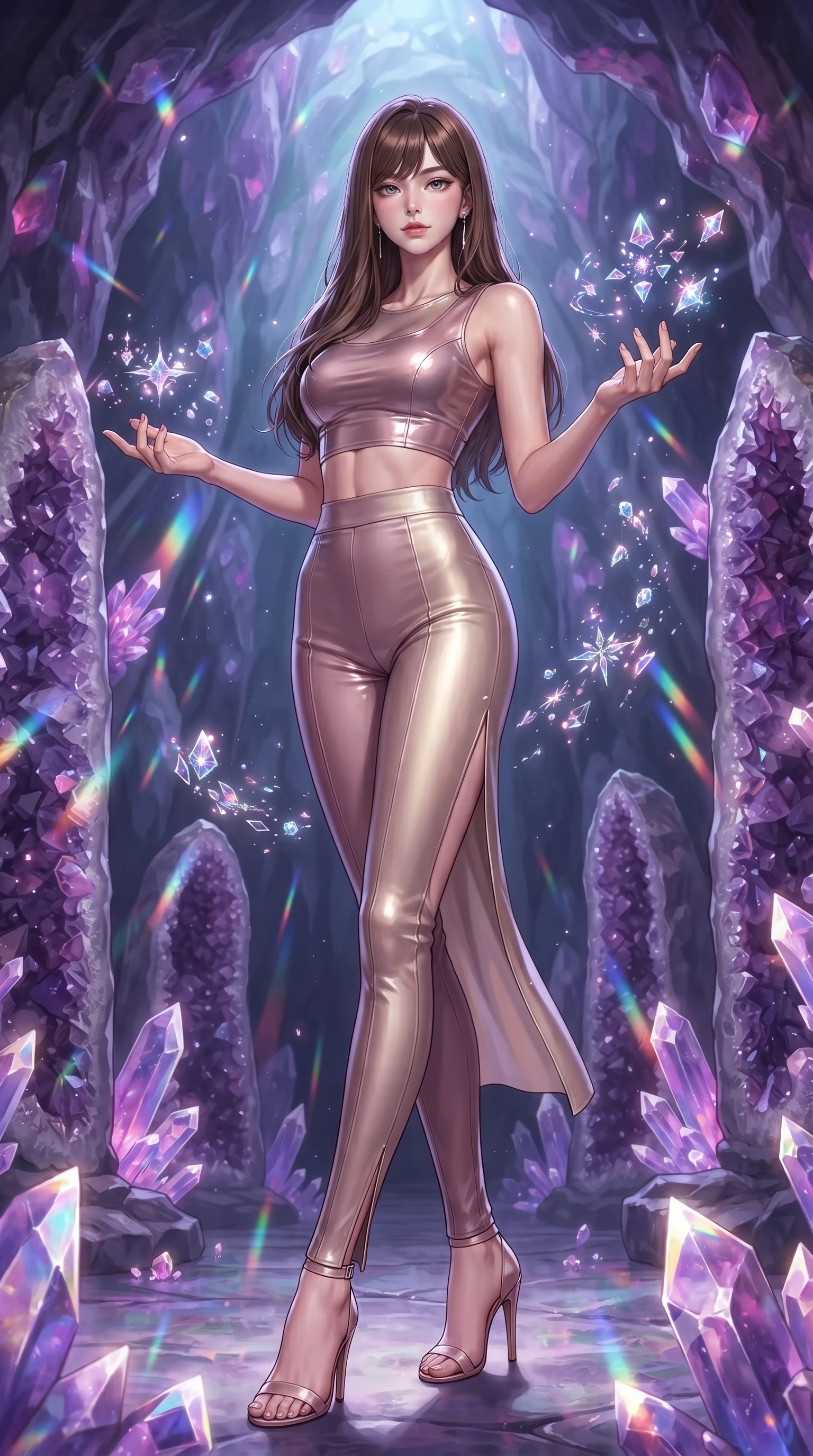 score_9, masterpiece, best quality, ultra-detailed, high-budget anime keyframe, editorial fashion photography, tasteful artistic composition, Korean woman. low angle full-body shot from head to toe showing her feet, filling the entire 9:16 vertical frame with her statuesque presence, stretching her vertical silhouette. interacting gracefully with the magical floating elements while maintaining a confident posture standing inside a breathtaking cavern lined with massive amethyst geode pillars, massive violet and magenta crystal facets scattering prismatic light rays. She has an absolutely perfect, statuesque 8.5-heads proportion, an exceptionally tall and slender model-like female figure with impossibly long slender legs and an ultra-slim waist. sharp v-shaped jawline, high-bridge nose, intricate jewel-like eyes with depth, thick eyelashes, glossy lips with a natural sheen. wearing a glossy vinyl crop top and high-waist tailored leggings with sleek zippers in dusty rose and champagne gold, crafted from iridescent chiffon that shifts colors in the light, finished with a sleek side slit ascending to mid-thigh, the tailored fabric tightly following every curve of her athletic build. surrounded by a cool jewel-toned luminescence with bright specular rim lights. ultra-reflective glossy finish, specular highlights, metallic sheen, high-contrast stereoscopic depth, volumetric dynamic lighting, 2k, ultra detail, master piece, 9:16 ratio