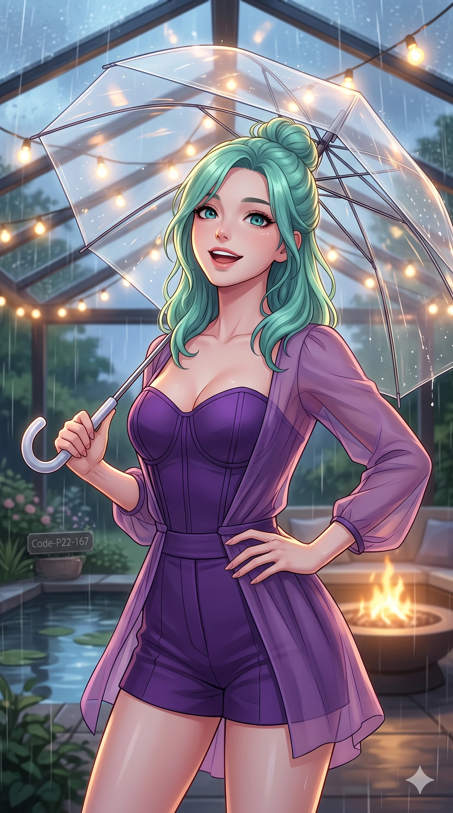 score_9, masterpiece, best quality, ultra-detailed, high-budget anime keyframe, vibrant anime aesthetic, Japanese woman. close-up cowboy shot from the waist and thighs up, the character dominates the composition, filling the frame with her large presence, background elements kept in soft focus. She is holding a clear umbrella, looking up with a bright, joyful expression, gazing warmly at the viewer with a captivating and confident presence. the background shows a soft-focus private terrace with a warm outdoor fire pit, under a translucent canopy during a cool rain shower (Code-P22-167). She has an absolutely perfect proportion, an exceptionally elegant and slender female figure with an ultra-slim waist. V-shaped jawline, high-bridge nose, intricate jewel-like eyes with depth, thick eyelashes, glossy lips with a natural sheen. wearing a custom structured bodice combined with a delicate chiffon cover-up and shorts in amethyst purple and silk overlays. She is lit by warm, glowing fairy lights strung across the glass conservatory roof, casting clean highlights that trace her slim waist by the quiet garden pond. 2k, ultra detail, master piece, 9:16 ratio
