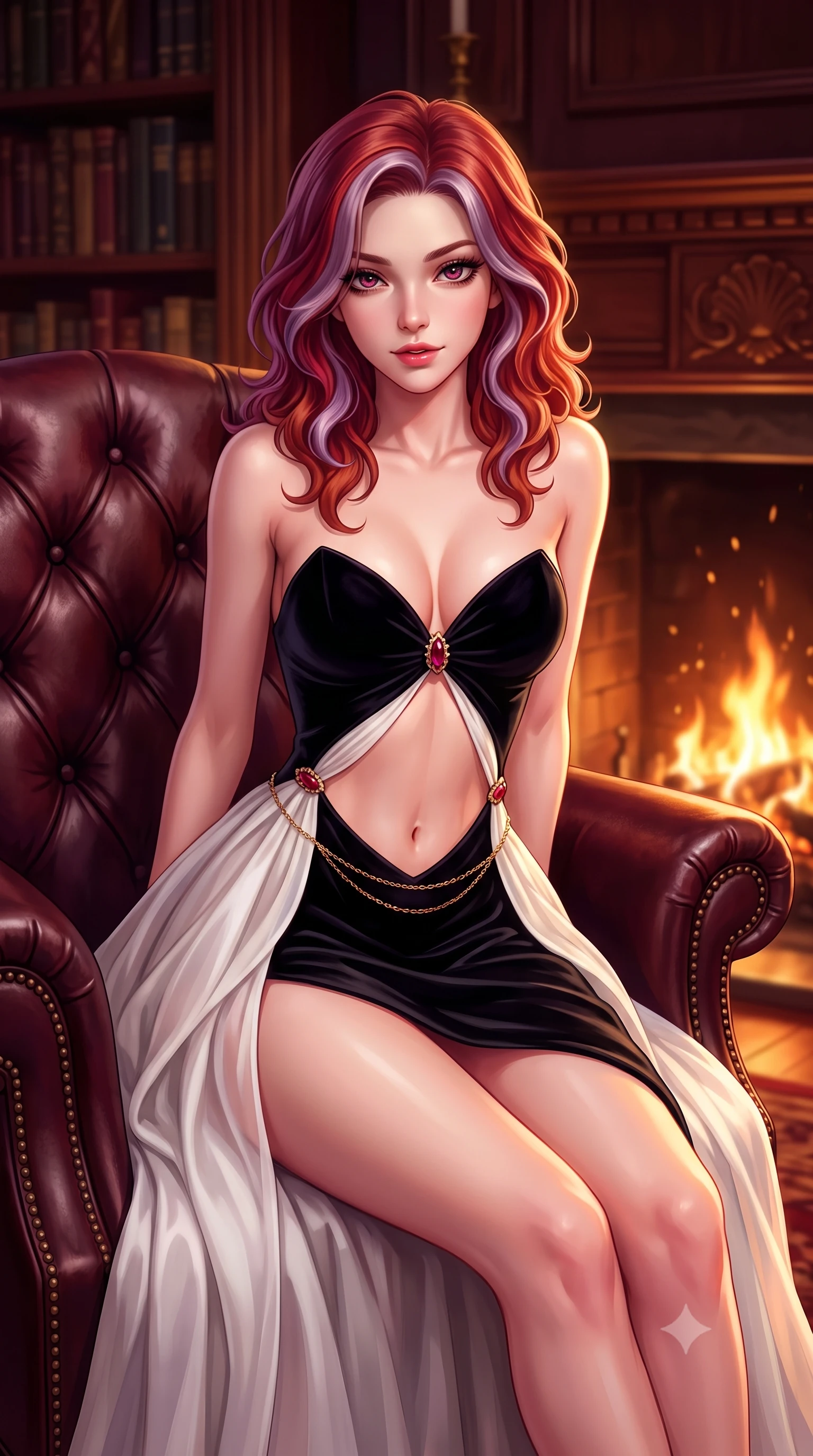 score_9, masterpiece, best quality, ultra-detailed, high-budget anime keyframe, semi-realistic 3D game render, editorial fashion photography, tasteful artistic composition, Caucasian woman. close-up cowboy shot from the waist and thighs up, the character dominates the composition, filling the frame with her large presence. leaning forward toward the camera with playful, breathtaking intimacy, eyes locked onto the viewer with irresistible charisma while curling languidly in an oversized tufted leather armchair, gazing directly into the lens with magnetic bedroom-eyes. The composition keeps background elements in soft focus with creamy bokeh. towering carved mahogany bookshelves and dancing fireplace embers blurred into rich burgundy, amber, and whiskey-gold bokeh. She has an exceptionally elegant, slender, and willowy female figure with an ultra-slim waist, a gracefully sculpted slender torso, toned flat midriff, and a refined slim silhouette. sharp v-shaped jawline, high-bridge nose, intricate jewel-like eyes with depth, thick eyelashes, glossy parted lips with a natural sheen, intensely captivating and seductive expression, flawlessly proportioned anatomical accuracy, strict slender model proportions, natural body alignment, perfectly sculpted long slender limbs, ultra-slim waistline, clean dynamic posture without body distortion. wearing a deep sweetheart neckline velvet ballgown with an exposed midriff cutout framed by ruby clasps in high-contrast black velvet and pearl white, woven from layered gossamer chiffon with a weightless sweeping drape, complemented by a delicate gold waist chain framing her ultra-slim silhouette, the precision-cut daring openings accentuating her delicate midriff, graceful bare collarbones, and ultra-slim feminine waistline. illuminated by rich directional firelight sculpting every feminine curve of her slender silhouette. highly saturated vibrant anime colors, detailed shading with soft gradients, rich glossy textures, high-contrast stereoscopic depth, volumetric dynamic lighting, master piece, 9:16 ratio