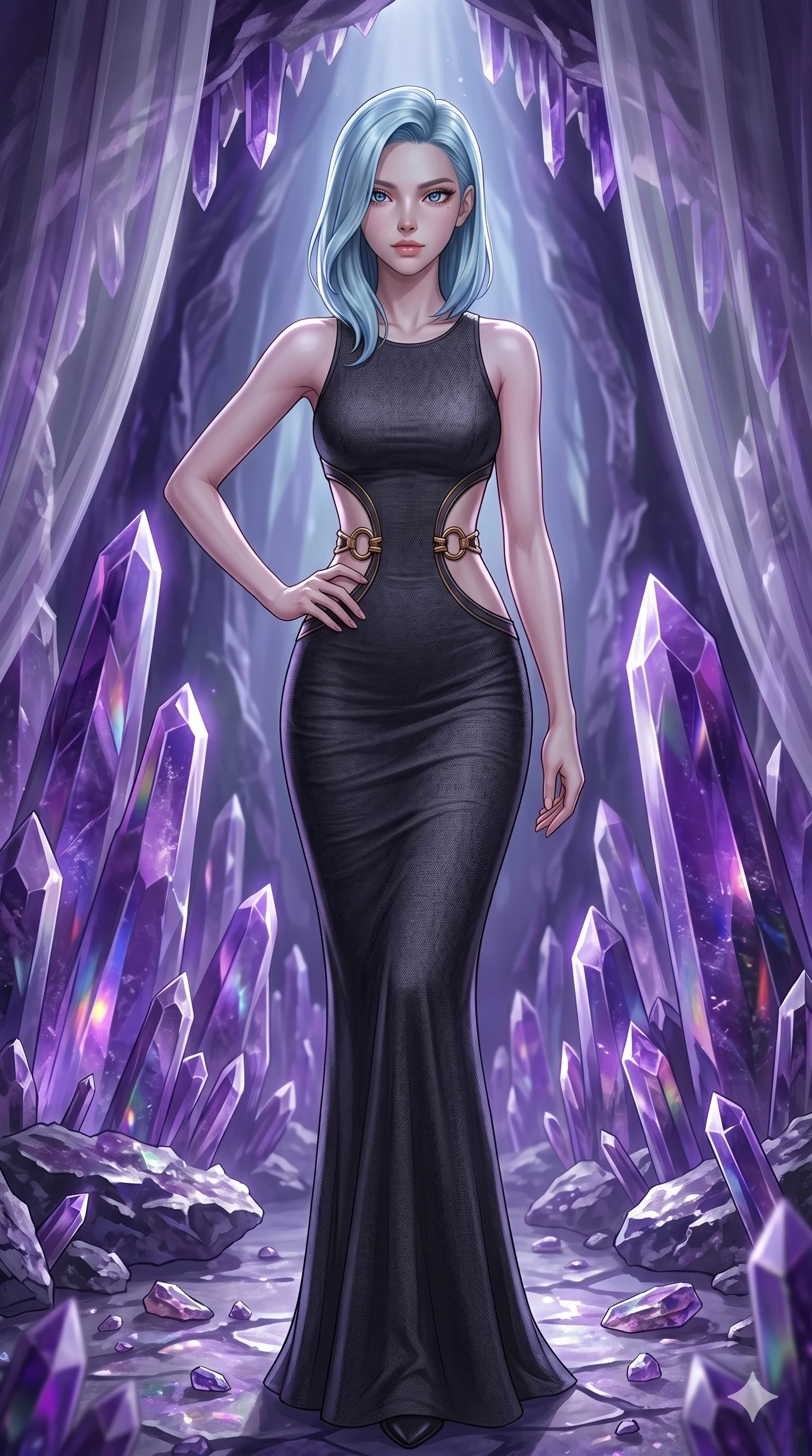 score_9, masterpiece, best quality, ultra-detailed, high-budget anime keyframe, editorial fashion photography, tasteful artistic composition, Korean woman. cowboy shot from the thighs up, character and outfit filling the frame for maximum editorial presence. Holding a confident power pose with one hand on her hip inside a crystalline geode cavern lined with towering amethyst spires casting violet prismatic light. She has an absolutely perfect 8-heads proportion, an exceptionally tall and slender female figure with impossibly long slender legs and an ultra-slim waist. V-shaped jawline, high-bridge nose, intricate jewel-like eyes with depth, thick eyelashes, glossy lips with a natural sheen. wearing a dark charcoal fitted floor-length gown with dramatic curved architectural cutouts at the sides of the torso framed by gold ring hardware, emphasizing the ultra-slim waist. bathed in cold silver moonlight filtered through translucent gossamer curtains casting soft shadows on her curves. 2k, ultra detail, master piece, 9:16 ratio