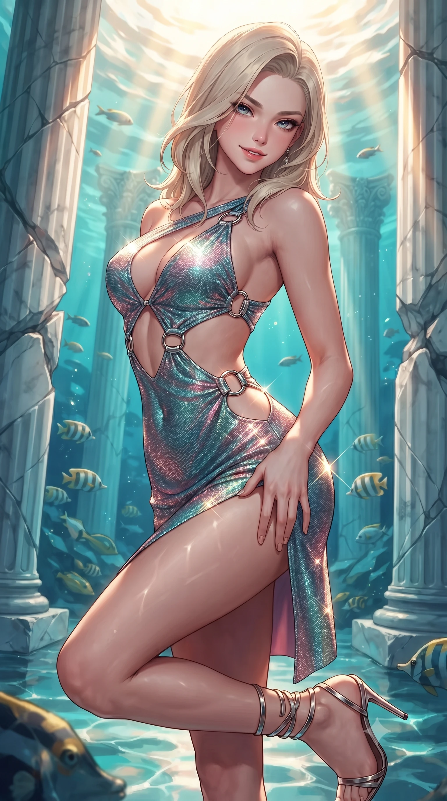 score_9, masterpiece, best quality, ultra-detailed, high-budget anime keyframe, editorial fashion photography, tasteful artistic composition, Caucasian woman. close-up cowboy shot from the waist and thighs up, the character dominates the composition, filling the frame with her large presence. tilting her head with a teasing half-smile, running one hand slowly down the side of her hip in a flirtatious S-curve as ambient light caresses her silhouette while twisting her slender torso in an alluring S-curve, dancing golden water caustics caressing her flat midriff and hourglass curves. The surrounding environment is rendered in vivid detail and crisp panoramic clarity: sharp fluted Carrara marble column fractures, swimming tropical reef fish details, and razor-sharp caustic wave nets on stone in deep focus. She has an exceptionally elegant, slender, and willowy female figure with an ultra-slim waist, flat toned midriff, narrow ribcage, and sculpted feminine hips creating an alluring, slim hourglass silhouette without bulk. sharp v-shaped jawline, high-bridge nose, intricate jewel-like sparkling eyes with depth, thick eyelashes, glossy parted lips with a natural peach sheen, bright cheerful beaming smile with an enchanting and coquettish sensual glint, exuding both youthful cute charm and seductive allure, flawlessly proportioned anatomical accuracy, strict slender model proportions, natural body alignment, perfectly sculpted long slender limbs, ultra-slim waistline, clean dynamic posture without body distortion. wearing a provocative open-waist cutout mini dress framed by sculptural chrome hardware and thigh-high slit in subterranean lagoon turquoise and lotus blossom pink, woven from stretch metallic lurex jersey casting radiant starlight glints across her curves, complemented by strappy stiletto sandals with metallic ankle wraps accentuating her slender calves, the liquid-tight tailored fabric clinging flawlessly to her narrow waist and rounded feminine hips, emphasizing every millimeter of her sculpted slim hourglass curves without any bulky heaviness. bathed in blinding warm golden midday sunbeams slicing through cool turquoise water. ultra-reflective glossy finish, specular highlights, rich textural contrasts, high-contrast stereoscopic depth, volumetric dynamic lighting, 2k, ultra detail, master piece, 9:16 ratio