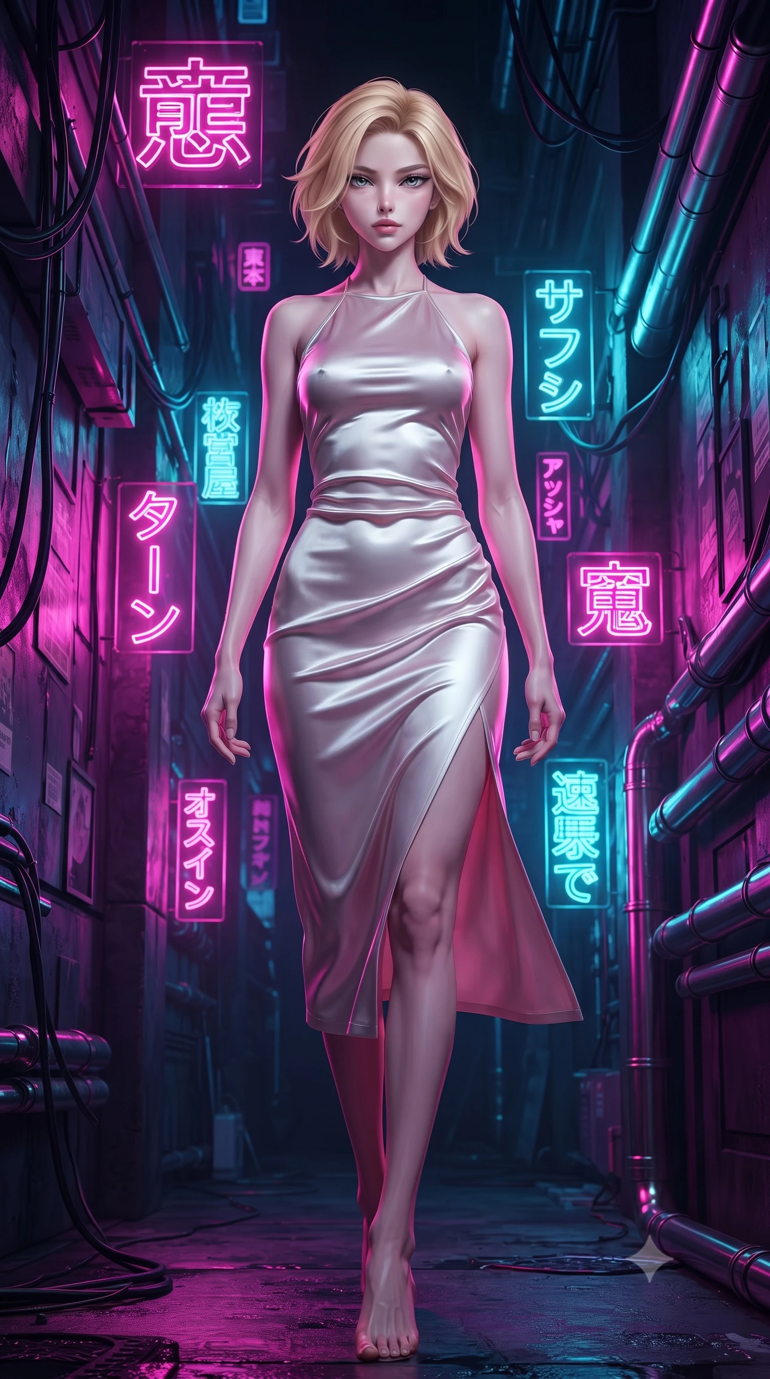 score_9, masterpiece, best quality, ultra-detailed, high-budget anime keyframe, editorial fashion photography, tasteful artistic composition, Caucasian woman. low angle full-body shot from head to toe showing her feet, filling the entire 9:16 vertical frame with her statuesque presence, stretching her vertical silhouette. stepping forward with proud posture, filling the vertical frame with her magnetic presence navigating a narrow cybernetic alleyway filled with floating neon Japanese glyphs, futuristic tactical cables and chrome pipes lining the dark city walls. She has an absolutely perfect, statuesque 8.5-heads proportion, an exceptionally tall and slender model-like female figure with impossibly long slender legs and an ultra-slim waist. sharp v-shaped jawline, high-bridge nose, intricate jewel-like eyes with depth, thick eyelashes, glossy lips with a natural sheen. wearing a velvet halter-neck midi dress following her form like a glove in pearl white and rose gold, crafted from lustrous satin jersey with fluid draping, finished with a sleek side slit ascending to mid-thigh, the elegant draped fit framing her graceful clavicle and slender torso. drenched in intense neon magenta and cyan rim light with dark contrast. highly saturated vibrant anime colors, detailed shading with soft gradients, rich glossy textures, high-contrast stereoscopic depth, volumetric dynamic lighting, master piece, 9:16 ratio