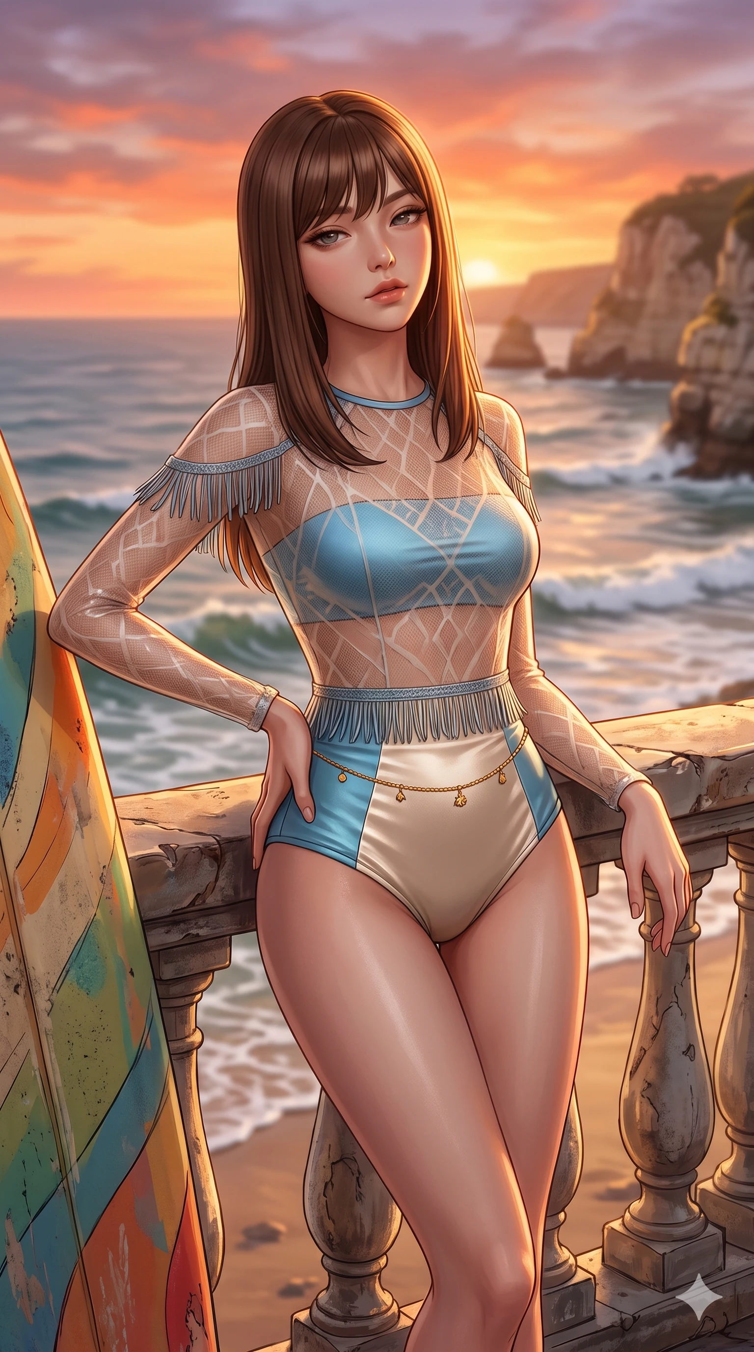 score_9, masterpiece, best quality, ultra-detailed, high-budget anime keyframe, semi-realistic 3D game render, editorial fashion photography, tasteful artistic composition, Korean woman. close-up cowboy shot from the waist and thighs up, the character dominates the composition, filling the frame with her large presence. leaning back against the balustrade with relaxed seductive grace, head tilted back slightly while casting a hypnotic, heavy-lidded gaze while standing tall beside the surfboard with one hand on her hip, arching her spine with supermodel poise as the setting sun silhouettes her hourglass figure. The background shows a soft-focus rolling sunset surf waves, limestone cove cliffs, and fiery orange evening sky blurred into coral, lavender, and honey bokeh. She has an exceptionally elegant, slender, and willowy female figure with an ultra-slim waist, flat toned midriff, narrow ribcage, and sculpted feminine hips creating an alluring, slim hourglass silhouette without bulk. sharp v-shaped jawline, high-bridge nose, sparkling eyes with hypnotic seductive depth, thick curled eyelashes, glossy parted lips with a natural dewy peach sheen, alluring bedroom-eyes with an enchanting coquettish smile, exuding magnetic siren charisma and sophisticated glamour, flawlessly proportioned anatomical accuracy, strict slender model proportions, natural body alignment, perfectly sculpted long slender limbs, ultra-slim waistline, clean dynamic posture without body distortion. wearing a provocative sheer illusion mesh resort bodysuit with fringe trim layered over an opaque bandeau and briefs in Saint-Tropez azure and sparkling champagne ivory, tailored from smooth liquid silk satin that clings smoothly to her narrow waist and rounded hips with a dewy sheen, accented with a dainty gold belly chain resting across her flat midriff and curving hips, the form-contouring cut accentuating her sculpted flat midriff, narrow delicate ribcage, and gracefully curvy hips with intoxicating allure. illuminated by mirror-like wet sand bounce and sharp molten-gold rim lighting defining her jawline, flat midriff, and voluptuous hip curves. highly saturated vibrant anime colors, detailed shading with soft gradients, rich glossy textures, high-contrast stereoscopic depth, volumetric dynamic lighting, master piece, 9:16 ratio