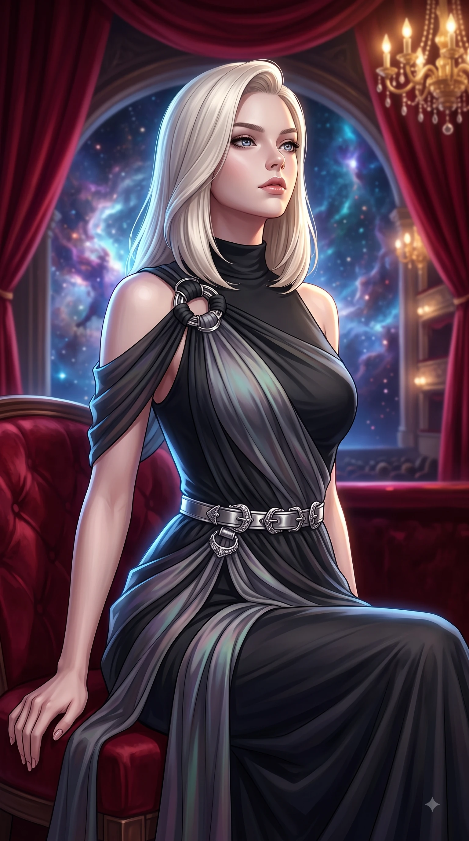score_9, masterpiece, best quality, ultra-detailed, high-budget anime keyframe, editorial fashion photography, tasteful artistic composition, Caucasian woman. close-up cowboy shot from the waist and thighs up, the character dominates the composition, filling the frame with her large presence, background elements kept in soft focus. Tilting her chin up with composed magnetism as dramatic side lighting traces her sculpted waist and hip contour while sitting in a private opera box draped in crimson velvet, gazing over a swirling cosmic nebula, dramatic theatrical lighting emphasizing every curve of her athletic build. She has an exceptionally elegant, slender, and willowy female figure with an ultra-slim waist, a gracefully sculpted slender torso, and a refined silhouette. sharp v-shaped jawline, high-bridge nose, intricate jewel-like eyes with depth, thick eyelashes, glossy lips with a natural sheen, flawlessly proportioned anatomical accuracy, natural body alignment, perfectly sculpted elegant limbs, clean dynamic posture without body distortion. wearing an asymmetrical Grecian draped chiffon gown with a metallic shoulder ring in matte black and polished silver, crafted from iridescent chiffon that shifts colors in the light, detailed with polished silver buckles along the waistline, the glove-like fit emphasizing her statuesque silhouette during motion. illuminated by radiant cosmic nebula light and warm golden chandelier glow. ultra-reflective glossy finish, specular highlights, metallic sheen, high-contrast stereoscopic depth, volumetric dynamic lighting, 2k, ultra detail, master piece, 9:16 ratio
