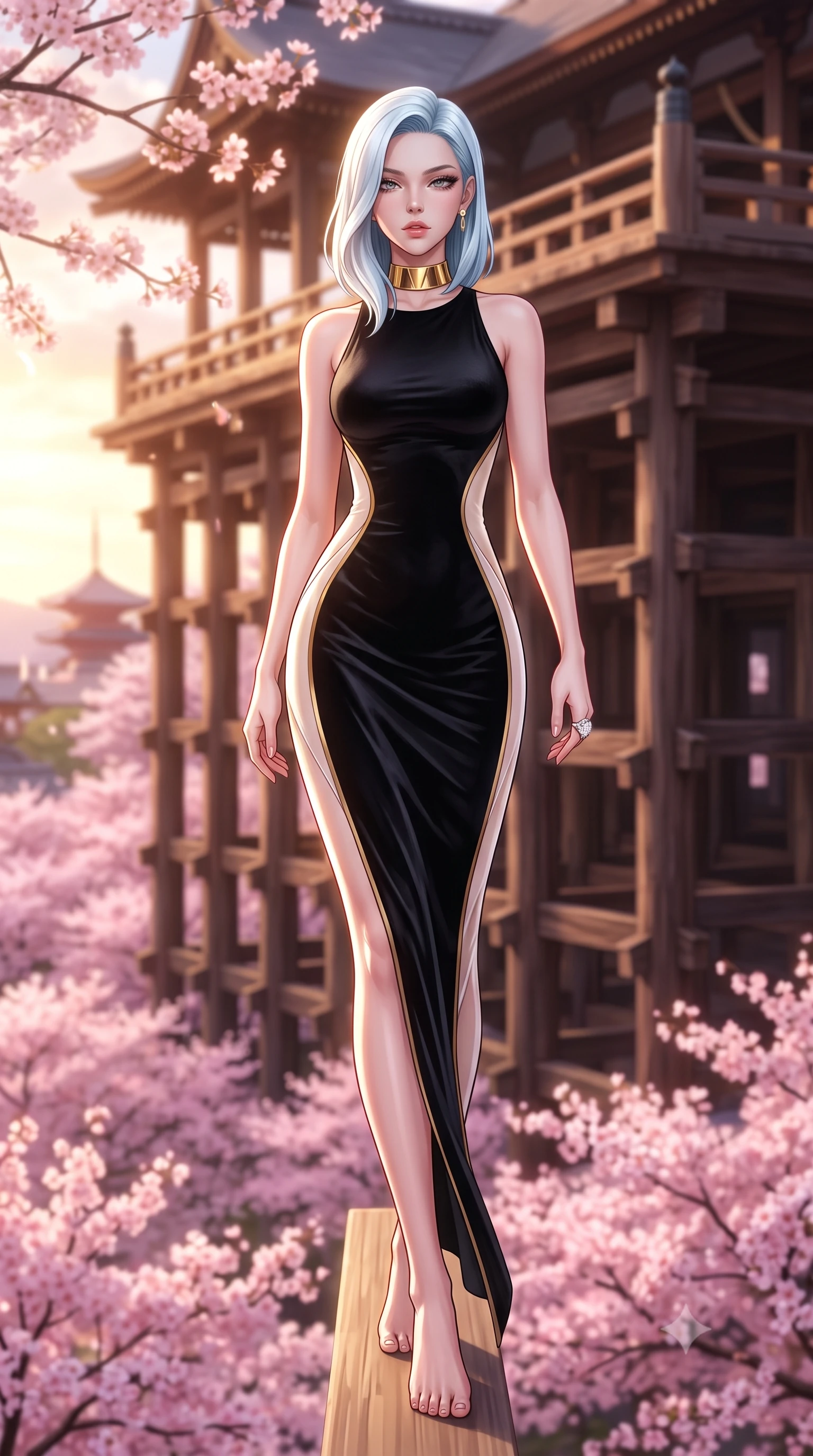 score_9, masterpiece, best quality, ultra-detailed, high-budget anime keyframe, semi-realistic 3D game render, editorial fashion photography, tasteful artistic composition, Korean woman. low angle full-body shot from head to toe showing her feet, filling the entire 9:16 vertical frame with her statuesque presence, stretching her vertical silhouette. striding forward in a proud supermodel runway stride, hips swaying in an alluring kinetic rhythm that accentuates her curvy hourglass silhouette while standing on the monumental 13-meter high cantilevered timber stage, arching her back as a vast sea of blooming pink cherry blossoms billows below. The composition keeps background elements in soft focus with creamy bokeh. massive interlocking timber pillar structures below the stage softened in romantic Kyoto shallow focus. She has an exceptionally tall and slender model-like 8.5-heads proportion, an ultra-slim waist, a flat toned midriff, narrow delicate ribcage, and beautifully sculpted feminine hips creating a graceful, slim hourglass silhouette without any bulky heaviness, with impossibly long slender legs. sharp v-shaped jawline, high-bridge nose, intricate jewel-like eyes with depth, thick eyelashes, glossy parted lips with a natural sheen, intensely captivating and seductive bedroom-eyes expression, flawlessly proportioned anatomical accuracy, strict slender model proportions, natural body alignment, perfectly sculpted long slender limbs, ultra-slim waistline, clean dynamic posture without body distortion. wearing a second-skin black silk jersey maxi dress with asymmetrical sheer mesh side panels tracing the full curve of her hip in pure alabaster white and sun-kissed gold, crafted from heavyweight crushed silk velvet with liquid vintage luster, complemented by a bold geometric choker and sparkling cocktail ring, the dramatically scooped open back descending to the base of her spine, accentuating her razor-sharp statuesque lines and slim hourglass silhouette. bathed in breathtaking golden hour sunset backlighting filtered through cherry blossom branches. highly saturated vibrant anime colors, detailed shading with soft gradients, rich glossy textures, high-contrast stereoscopic depth, volumetric dynamic lighting, master piece, 9:16 ratio