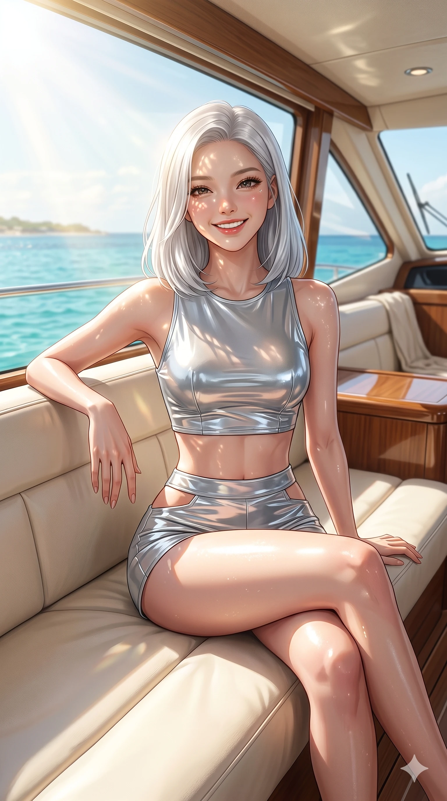 score_9, masterpiece, best quality, ultra-detailed, high-budget anime keyframe, editorial fashion photography, tasteful artistic composition, Korean woman. cowboy shot from the thighs up, character and outfit filling the frame for maximum editorial presence. sitting on a lounge, looking at the camera with a bright, welcoming smile and happy eyes inside an open-air yacht cabin with panoramic ocean views. She has an absolutely perfect 8-heads proportion, an exceptionally tall and slender female figure with impossibly long slender legs and an ultra-slim waist. V-shaped jawline, high-bridge nose, intricate jewel-like eyes with depth, thick eyelashes, glossy lips with a natural sheen. wearing a wet-look silver vinyl crop top and high-waisted shorts with side cutouts. bathed in morning sunbeams flowing through the cabin window, creating a bright feel. 2k, ultra detail, master piece, 9:16 ratio