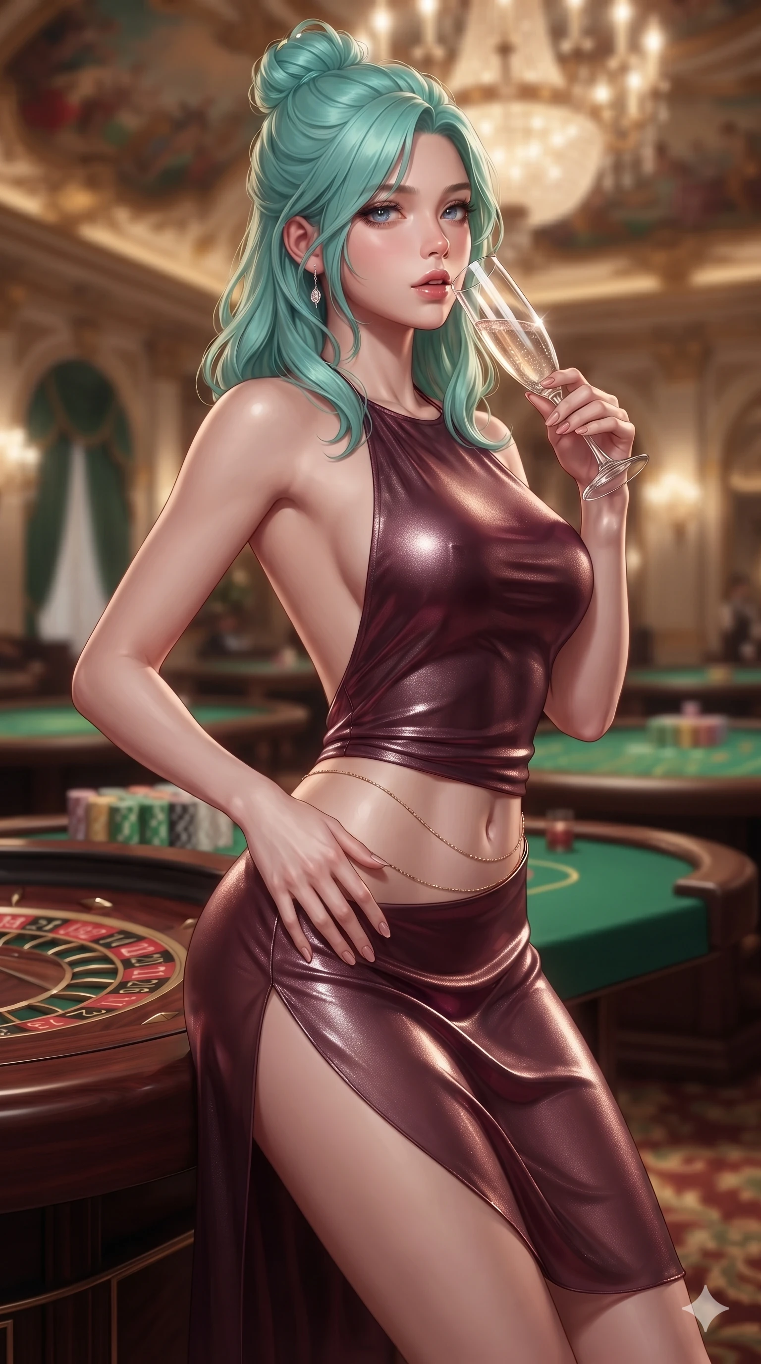 score_9, masterpiece, best quality, ultra-detailed, high-budget anime keyframe, editorial fashion photography, tasteful artistic composition, Japanese woman. close-up cowboy shot from the waist and thighs up, the character dominates the composition, filling the frame with her large presence. resting one manicured hand delicately on her hip bone, her upper body turning in a fluid, seductive S-curve while parted lips glisten in the light while leaning against the mahogany roulette table with hips cocked back in pure supermodel charisma, toying with a vintage crystal champagne flute with bedroom-eyes. The composition keeps background elements in soft focus with creamy bokeh: green felt baccarat tables, stacks of mother-of-pearl casino plaques, and gilded rococo ceiling frescoes blurred into emerald, amber, and mahogany bokeh. She has an exceptionally elegant, slender, and willowy female figure with an ultra-slim waist, flat toned midriff, narrow ribcage, and sculpted feminine hips creating an alluring, slim hourglass silhouette without bulk. sharp v-shaped jawline, high-bridge nose, intricate jewel-like eyes with depth, thick eyelashes, glossy parted lips with a natural sheen, intensely captivating and seductive bedroom-eyes expression, flawlessly proportioned anatomical accuracy, strict slender model proportions, natural body alignment, perfectly sculpted long slender limbs, ultra-slim waistline, clean dynamic posture without body distortion. wearing an alluring backless metallic lamé halterneck mini dress with scoop back to the lower spine and thigh-high slit in deep wine burgundy and brushed dark platinum, crafted from translucent silk organza with an ethereal crystalline sheen, accented with a dainty gold belly chain resting across her flat midriff and curving hips, the form-contouring silhouette accentuating her sculpted flat midriff, narrow delicate ribcage, and gracefully curvy hips with intoxicating allure. bathed in soft 2400K chandelier warmth contrasted with crisp specular highlights dancing across her satin gown. ultra-reflective glossy finish, specular highlights, rich textural contrasts, high-contrast stereoscopic depth, volumetric dynamic lighting, 2k, ultra detail, master piece, 9:16 ratio