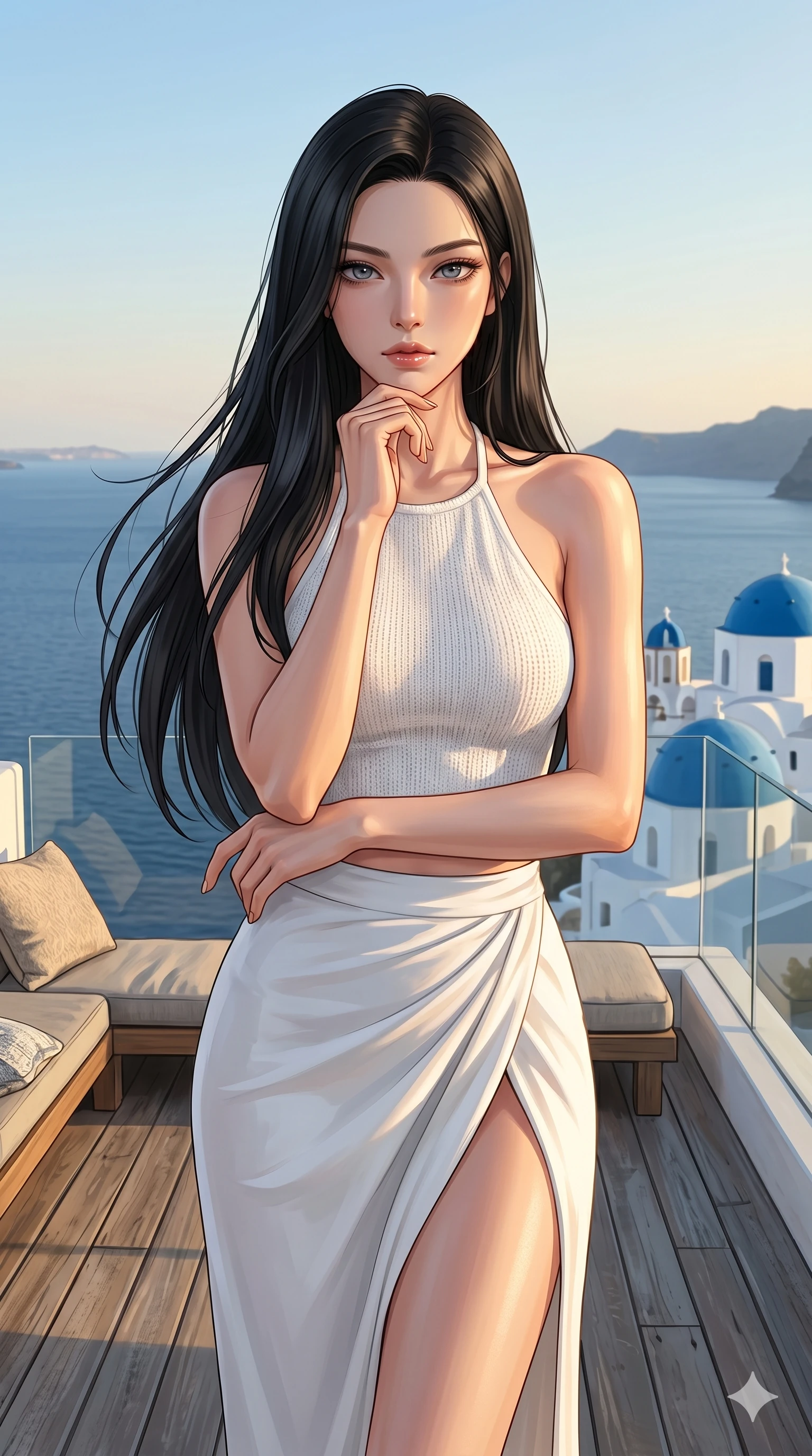score_9, masterpiece, best quality, ultra-detailed, high-budget anime keyframe, editorial fashion photography, tasteful artistic composition, Korean woman. cowboy shot from the thighs up, character and outfit filling the frame for maximum editorial presence. resting her chin on her fingers, looking directly into the lens with a piercing, mysterious gaze on a private teak sun-deck of a cliffside villa in Santorini, overlooking the calm Aegean sea (Code-P078). She has an absolutely perfect 8-heads proportion, an exceptionally tall and slender female figure with impossibly long slender legs and an ultra-slim waist. V-shaped jawline, high-bridge nose, intricate jewel-like eyes with depth, thick eyelashes, glossy lips with a natural sheen. wearing a white knit halter top showing her elegant clavicle lines, and a high-slit wrap skirt. drenched in brilliant afternoon sunshine, casting warm rays that trace the curves of her athletic figure. 2k, ultra detail, master piece, 9:16 ratio
