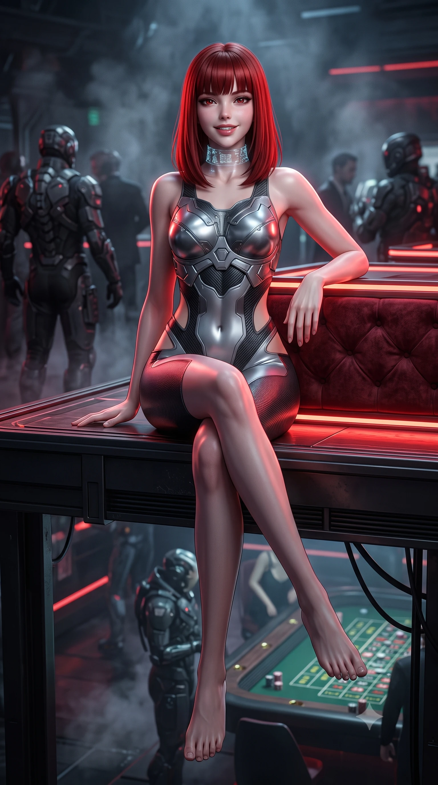 score_9, masterpiece, best quality, ultra-detailed, high-budget anime keyframe, semi-realistic 3D game render, editorial fashion photography, tasteful artistic composition, Caucasian woman. low angle full-body shot from head to toe showing her feet, filling the entire 9:16 vertical frame with her statuesque presence, stretching her vertical silhouette. sitting perched on the elevated maintenance gantry edge with legs crossed and hips angled toward the camera, displaying her toned midriff and long slender limbs with joyful, coquettish charm while lounging in a plush velvet VIP booth propped on one elbow with legs crossed, flashing an intoxicating smile with parted glossy lips. The background shows a soft-focus dark patrons in cybernetic suits and swirling atmospheric vapors softened in gritty high-stakes casino shallow focus. She has an absolutely perfect, statuesque 8.5-heads proportion, an exceptionally tall and slender model-like female figure with impossibly long slender legs, an ultra-slim waist, a flat toned midriff, narrow delicate ribcage, and beautifully sculpted feminine hips creating a graceful, slim hourglass silhouette without any bulky heaviness. sharp v-shaped jawline, high-bridge nose, intricate jewel-like sparkling eyes with depth, thick eyelashes, glossy parted lips with a natural sheen, bright confident smile with an enchanting and coquettish sensual glint, exuding both youthful magnetic charm and sovereign high-tech allure, flawlessly proportioned anatomical accuracy, strict slender model proportions, natural body alignment, perfectly sculpted long slender limbs, ultra-slim waistline, clean dynamic posture without body distortion. wearing a sculpted titanium-alloy breastplate bodice worn over an ultra-tight matte stretch bodysuit with side hip cutouts in liquid chrome silver and pitch black, crafted from lightweight aerodynamic matte carbon-fiber weave with structural stiffness, complemented by a high-tech holographic choker projecting miniature glyphs, the liquid-tight tailored fabric clinging flawlessly to her narrow waist and rounded feminine hips, emphasizing every millimeter of her sculpted slim hourglass curves without any bulky heaviness. illuminated by glowing table surfaces and sharp scarlet rim lights carving her sculpted collarbones, ultra-slim waist, and curvy hips. highly saturated vibrant anime colors, detailed shading with soft gradients, rich glossy textures, high-contrast stereoscopic depth, volumetric dynamic lighting, master piece, 9:16 ratio