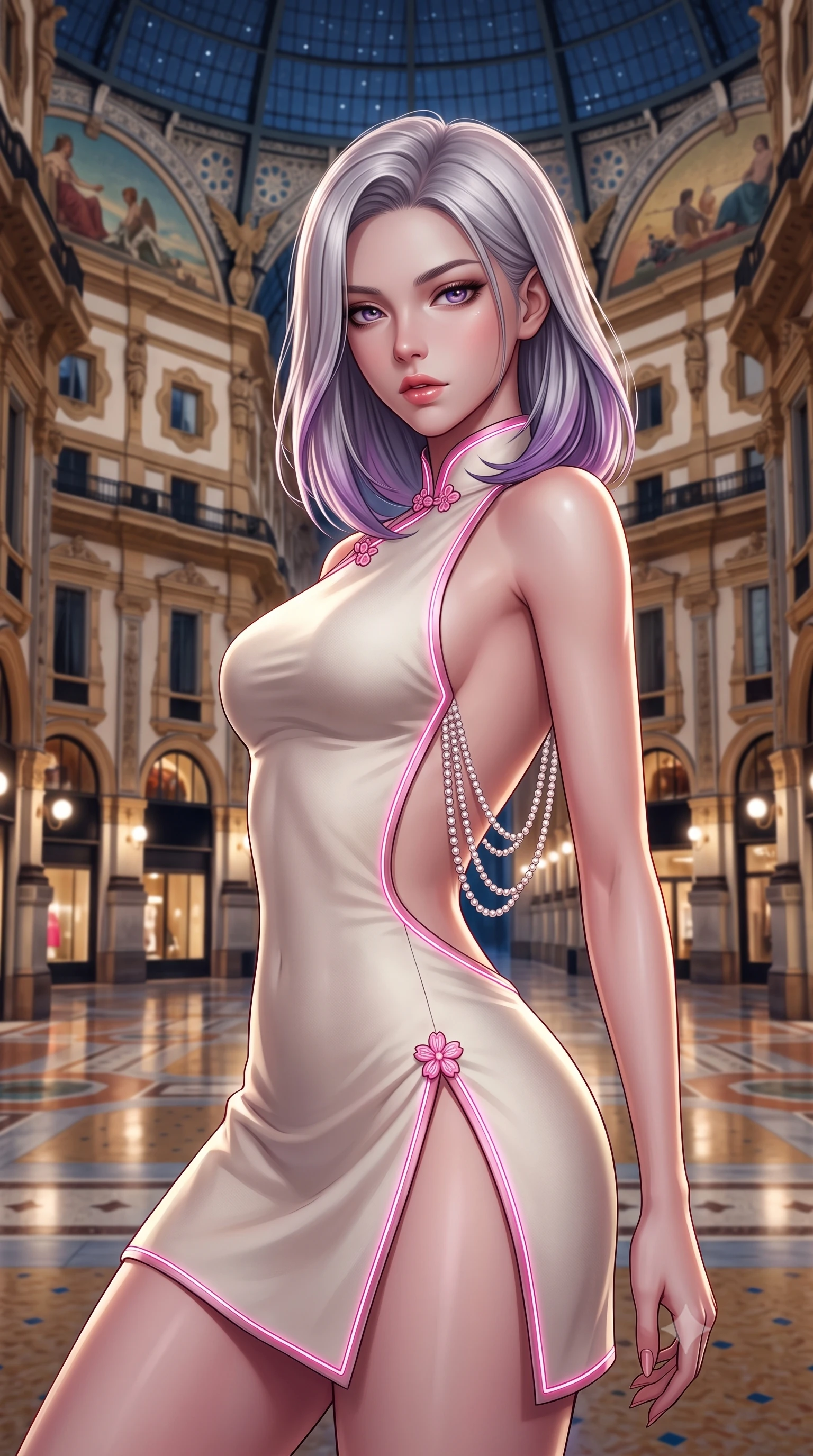 score_9, masterpiece, best quality, ultra-detailed, high-budget anime keyframe, semi-realistic 3D game render, editorial fashion photography, tasteful artistic composition, Caucasian woman. close-up cowboy shot from the waist and thighs up, the character dominates the composition, filling the frame with her large presence. leaning back with relaxed seductive grace, her sculpted collarbones and narrow waist highlighted as she casts smoldering bedroom-eyes directly into the camera while standing poised between towering four-story neoclassical facades, twisting her slender torso in an alluring S-curve under the starlit glass dome. The composition keeps background elements in soft focus with creamy bokeh. neoclassical stone arches and decorative mosaic murals softened in midnight Italian shallow focus. She has an exceptionally elegant, slender, and willowy female figure with an ultra-slim waist, flat toned midriff, narrow ribcage, and sculpted feminine hips creating an alluring, slim hourglass silhouette without bulk. sharp v-shaped jawline, high-bridge nose, intricate jewel-like eyes with depth, thick eyelashes, glossy parted lips with a natural sheen, intensely captivating and seductive bedroom-eyes expression, flawlessly proportioned anatomical accuracy, strict slender model proportions, natural body alignment, perfectly sculpted long slender limbs, ultra-slim waistline, clean dynamic posture without body distortion. wearing a modernized cyber-qipao mini dress with an ultra-high side slit ascending to the hip and glowing piping in sakura blossom pink and warm ivory, tailored from water-resistant treated wool gabardine and flexible stretch silk, accented with a multi-strand pearl back necklace cascading down her bare spine to her hips, the glove-like aerodynamic silhouette tightly following the natural contour of her hips and long slender legs with statuesque 8.5-heads elegance. illuminated by polished marble floor specular bounce sharply defining her sculpted collarbones, ultra-slim waist, and curvy hips. highly saturated vibrant anime colors, detailed shading with soft gradients, rich glossy textures, high-contrast stereoscopic depth, volumetric dynamic lighting, master piece, 9:16 ratio