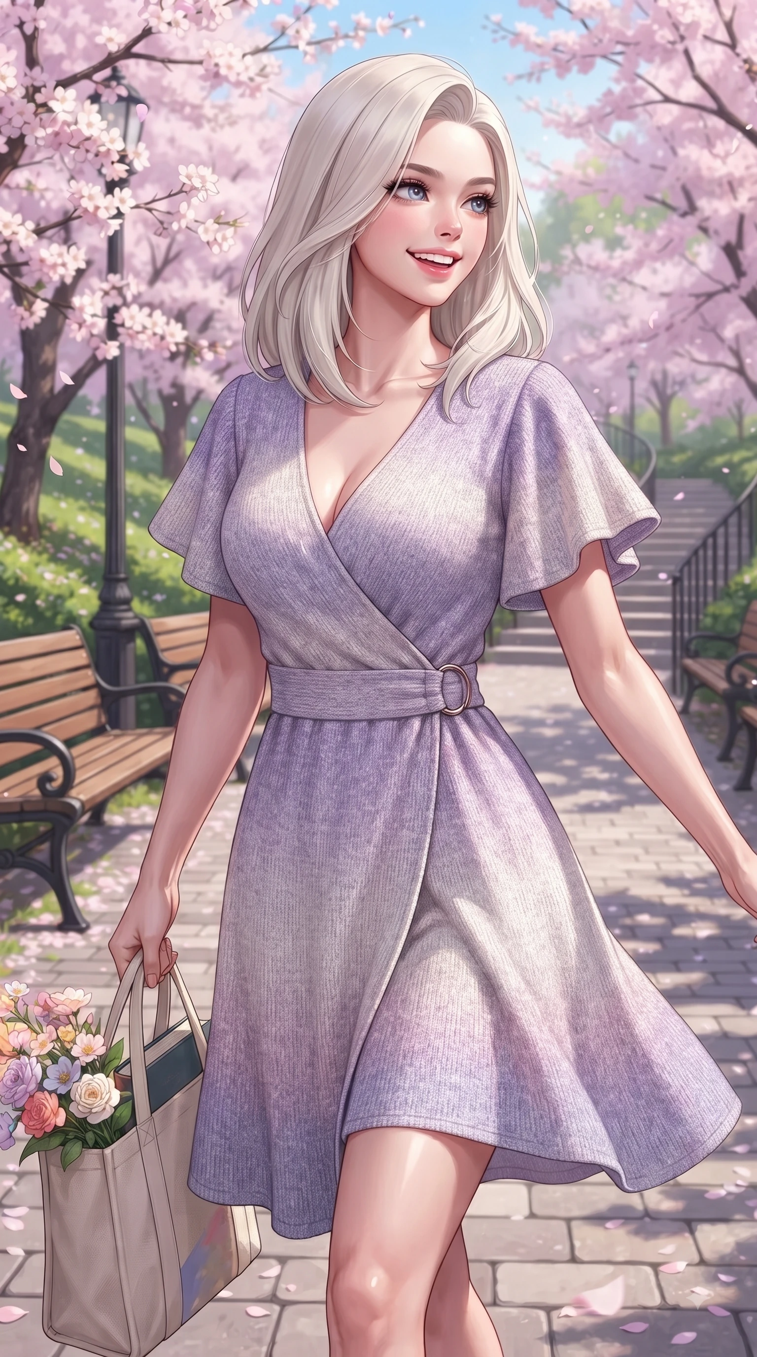 score_9, masterpiece, best quality, ultra-detailed, high-budget anime keyframe, editorial fashion photography, tasteful artistic composition, Caucasian woman. close-up cowboy shot from the waist and thighs up, the character dominates the composition, filling the frame with her large presence. Radiant youthful grin reflecting girlhood charm while casting a playful, joyful side-gaze with heavy lashes while stepping along a paved park trail carrying a tote bag with fresh youthful charm. The surrounding environment is rendered in vivid detail and crisp panoramic clarity. delicate cherry blossom petal clusters, wooden park benches, and historic hill paths in sharp resolution. She has an exceptionally elegant, slender, and willowy female figure with an ultra-slim waist, a gracefully sculpted slender torso, and a refined silhouette. sharp v-shaped jawline, high-bridge nose, intricate jewel-like eyes with depth, thick eyelashes, glossy lips with a natural sheen, flawlessly proportioned anatomical accuracy, natural body alignment, perfectly sculpted elegant limbs, clean dynamic posture without body distortion. wearing an elegant V-neck silk wrap dress with fluttery short sleeves and a cinched waist in soft lavender violet and pearl white, knitted from soft cozy cashmere yarn, accented with subtle metallic ring hardware framing her waist, the tailored fabric tightly following every curve of her athletic build. surrounded by a fresh, sweet, and nostalgic spring park atmosphere. ultra-reflective glossy finish, specular highlights, metallic sheen, high-contrast stereoscopic depth, volumetric dynamic lighting, 2k, ultra detail, master piece, 9:16 ratio