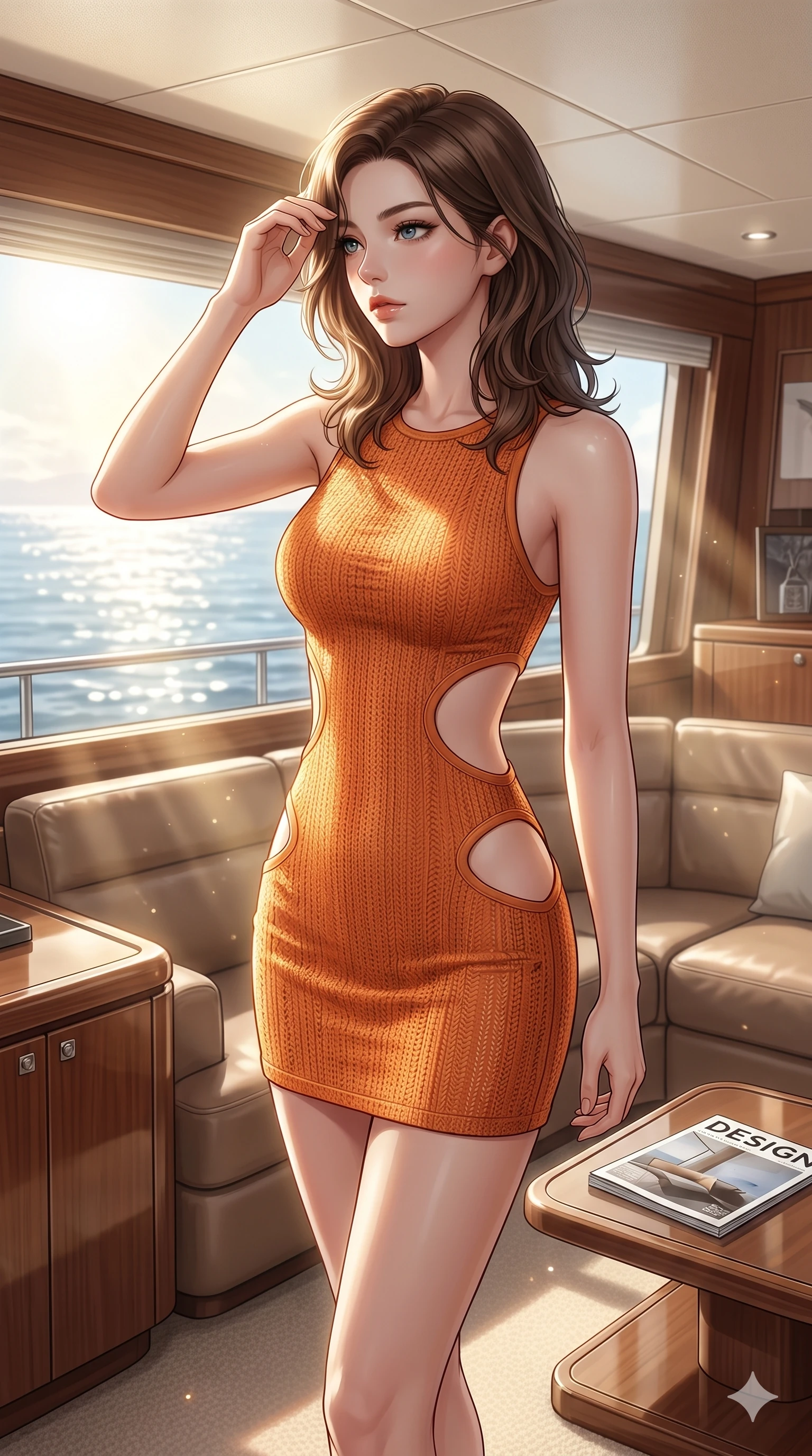 score_9, masterpiece, best quality, ultra-detailed, high-budget anime keyframe, editorial fashion photography, tasteful artistic composition, Korean woman. cowboy shot from the thighs up, character and outfit filling the frame for maximum editorial presence. wiping a lock of hair from her forehead, her expression cool and contemplative as she turns her head inside a private yacht cabin lounge with a large window showing the sunbeams reflecting off the ocean (Code-P129). She has an absolutely perfect 8-heads proportion, an exceptionally tall and slender female figure with impossibly long slender legs and an ultra-slim waist. V-shaped jawline, high-bridge nose, intricate jewel-like eyes with depth, thick eyelashes, glossy lips with a natural sheen. wearing a skin-tight orange knit dress with strategic curved cutouts at the waist and hip. bathed in soft morning sunbeams flowing into the room, creating a bright, glowing atmosphere. 2k, ultra detail, master piece, 9:16 ratio