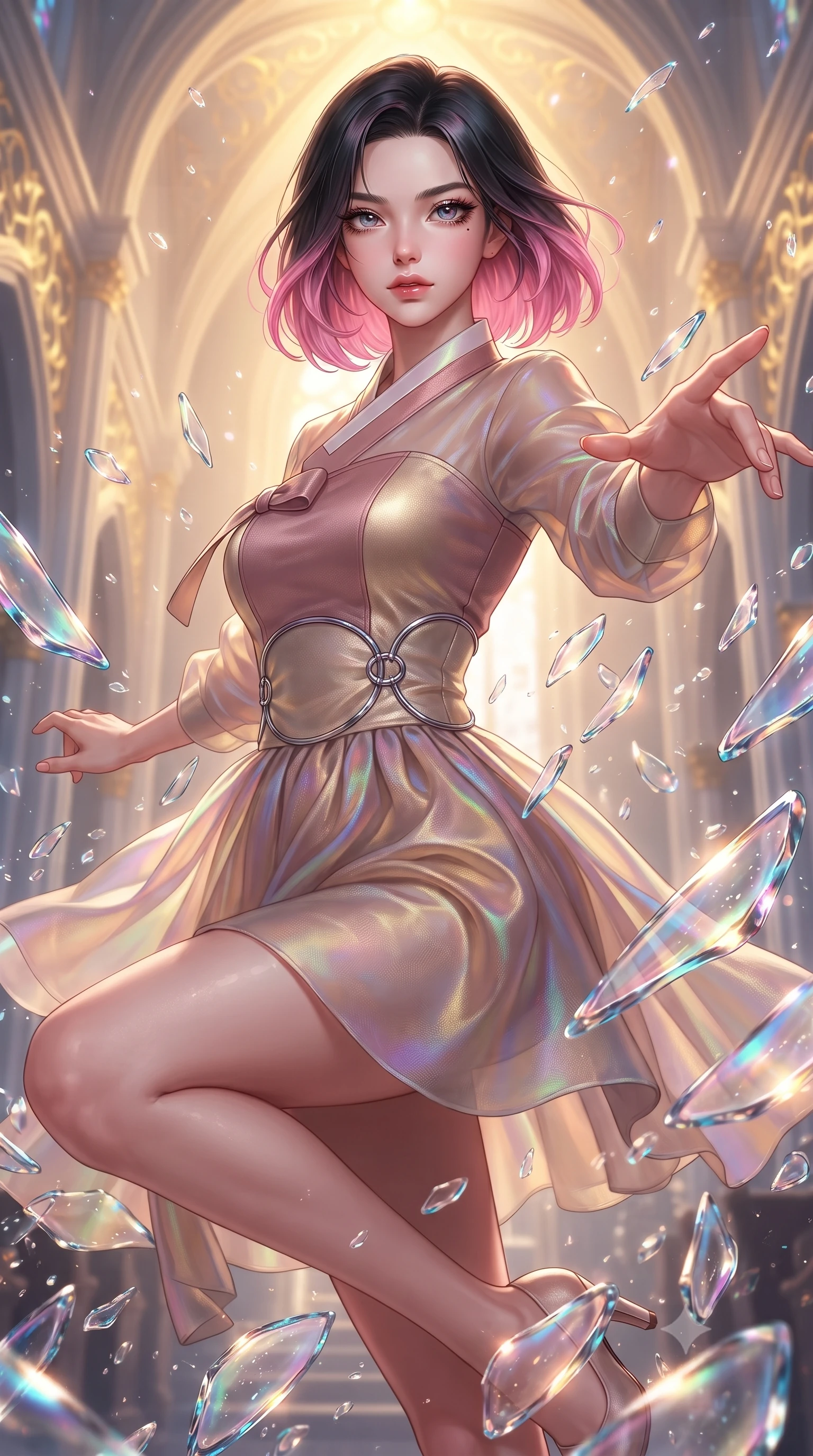 score_9, masterpiece, best quality, ultra-detailed, high-budget anime keyframe, editorial fashion photography, tasteful artistic composition, Korean woman. close-up cowboy shot from the waist and thighs up, the character dominates the composition, filling the frame with her large presence, background elements kept in soft focus. Reaching one hand gracefully toward the viewer with effortless superiority and allure leaping through shattered liquid glass fragments in a illuminated cathedral, golden filigree details on the architecture shining with brilliant luster. She has an exceptionally elegant, slender, and willowy female figure with an ultra-slim waist, a gracefully sculpted slender torso, and a refined silhouette. sharp v-shaped jawline, high-bridge nose, intricate jewel-like eyes with depth, thick eyelashes, glossy lips with a natural sheen. wearing a modern fusion silk hanbok dress with a structured bodice in dusty rose and champagne gold, crafted from iridescent chiffon that shifts colors in the light, accented with delicate chrome ring hardware framing her waist, the glove-like fit emphasizing her statuesque silhouette. illuminated by a warm golden key light and brilliant multi-color rim light. highly saturated vibrant anime colors, detailed shading with soft gradients, rich glossy textures, high-contrast stereoscopic depth, volumetric dynamic lighting, master piece, 9:16 ratio
