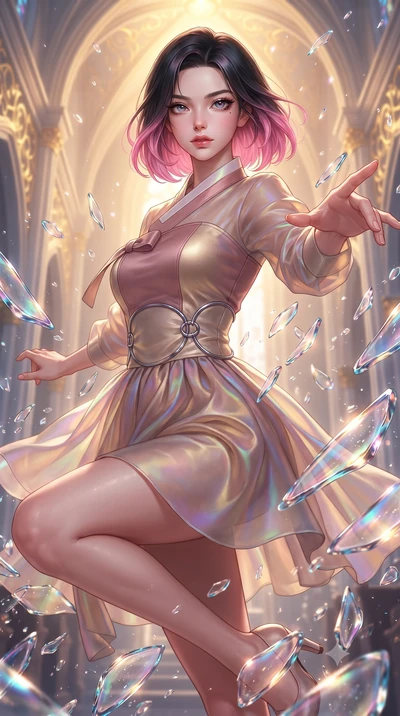 score_9, masterpiece, best quality, ultra-detailed, high-budget anime keyframe, editorial fashion photography, tasteful artistic composition, Korean woman. close-up cowboy shot from the waist and thighs up, the character dominates the composition, fi