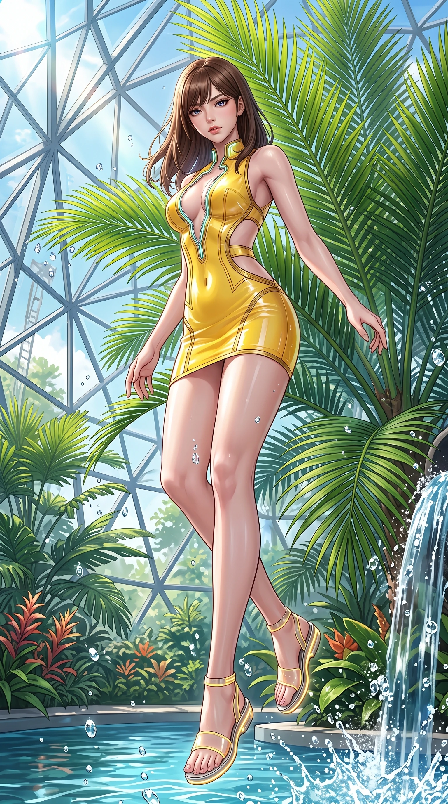 score_9, masterpiece, best quality, ultra-detailed, high-budget anime keyframe, semi-realistic 3D game render, editorial fashion photography, tasteful artistic composition, Korean woman. low angle full-body shot from head to toe showing her feet, filling the entire 9:16 vertical frame with her statuesque presence, stretching her vertical silhouette. performing an alluring mid-air vault with flawless poise, looking directly into the camera with smoldering intensity while pivoting dynamically beside giant tropical palm fronds as crystal water droplets splash like diamonds in mid-air. The surrounding environment is rendered in vivid detail and crisp panoramic clarity. vibrant botanical colors and high-key luxury conservatory architecture captured with environmental precision. She has an absolutely perfect, statuesque 8.5-heads proportion, an exceptionally tall and slender model-like female figure with impossibly long slender legs, a toned flat midriff, and an ultra-slim waist. sharp v-shaped jawline, high-bridge nose, intricate jewel-like eyes with depth, thick eyelashes, glossy lips with a natural sheen, flawlessly proportioned anatomical accuracy, strict slender model proportions, natural body alignment, perfectly sculpted long slender limbs, ultra-slim waistline, clean dynamic posture without body distortion. wearing a second-skin fashion-latex mini dress with a clean architectural front, featuring an open-back design that wraps around the sides of her waist, showcasing her slender silhouette in vibrant sunburst canary yellow and gold trim, tailored from semi-translucent cybernetic vinyl with glowing micro-filaments, featuring a dangerously unzipped neckline framed by glowing cybernetic accents, the form-contouring material adhering flawlessly to her sculpted flat midriff and slender torso, emphasizing her long leg lines and perfectly proportioned willowy build. illuminated by fresh botanical ambient radiance with crisp specular water droplet highlights. highly saturated vibrant anime colors, detailed shading with soft gradients, rich glossy textures, high-contrast stereoscopic depth, volumetric dynamic lighting, master piece, 9:16 ratio