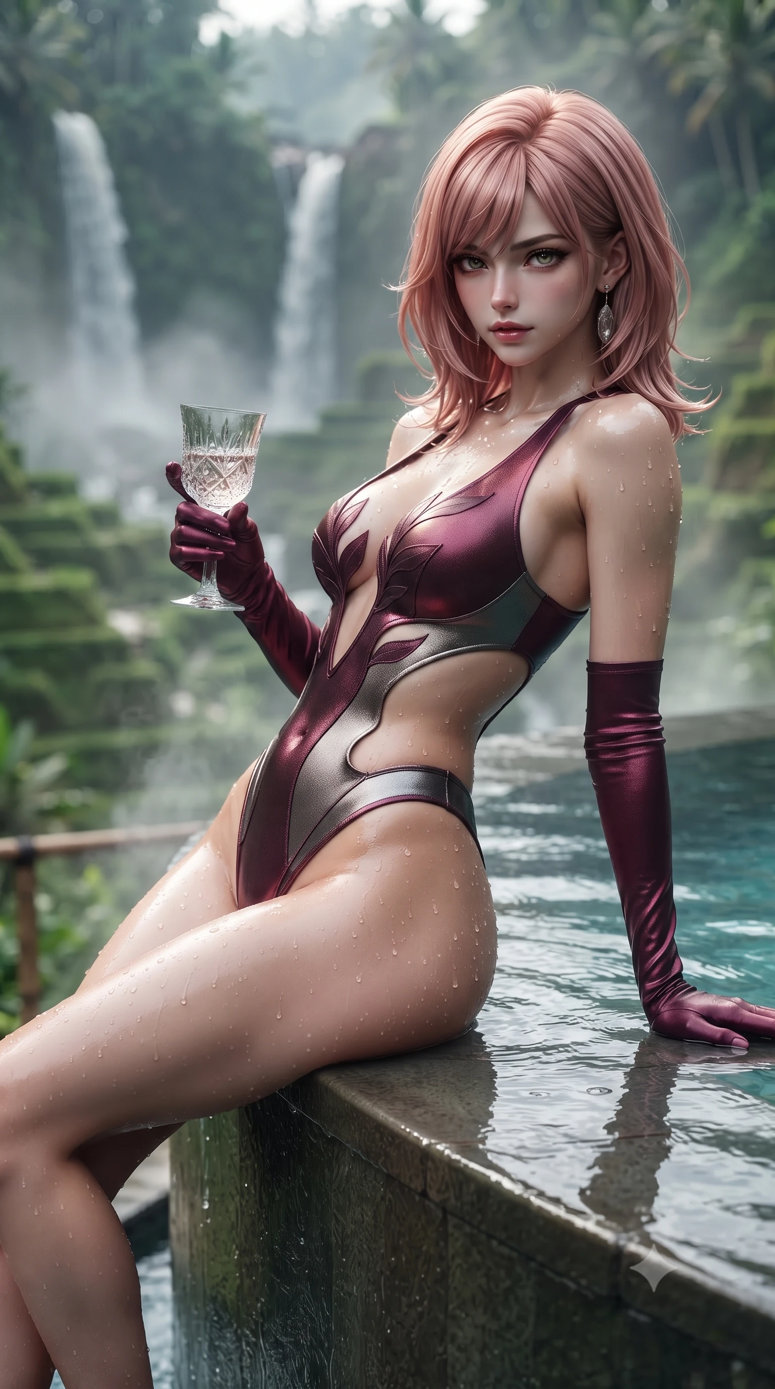 score_9, masterpiece, best quality, ultra-detailed, high-budget anime keyframe, editorial fashion photography, tasteful artistic composition, Japanese woman. close-up cowboy shot from the waist and thighs up, the character dominates the composition, filling the frame with her large presence. leaning back with relaxed seductive grace, her sculpted collarbones and narrow waist highlighted as she casts smoldering bedroom-eyes directly into the camera while sitting on the infinity edge of a cantilevered mineral pool high above lush jungle rice terraces, water droplets beading on her hip as she turns. The composition keeps background elements in soft focus with creamy bokeh. cascading jungle waterfalls and rising morning mist vapors softened in exotic shallow focus. She has an exceptionally elegant, slender, and willowy female figure with an ultra-slim waist, flat toned midriff, narrow ribcage, and sculpted feminine hips creating an alluring, slim hourglass silhouette without bulk. sharp v-shaped jawline, high-bridge nose, intricate jewel-like eyes with depth, thick eyelashes, glossy parted lips with a natural sheen, intensely captivating and seductive bedroom-eyes expression, flawlessly proportioned anatomical accuracy, strict slender model proportions, natural body alignment, perfectly sculpted long slender limbs, ultra-slim waistline, clean dynamic posture without body distortion. wearing a botanical cutout monokini with organic leaf-curve side openings and high-cut hip bands in deep wine burgundy and brushed dark platinum, crafted from luxurious metallic lamé that shifts radiance with every step, accessorized with opera-length satin gloves and a vintage crystal glass, the precision-cut side openings and low-back scoop framing her graceful spine and the sensual sweep of her slim, toned hips. illuminated by wet specular pool highlights accentuating her slender neckline, narrow waist, and curvy hips. ultra-reflective glossy finish, specular highlights, rich textural contrasts, high-contrast stereoscopic depth, volumetric dynamic lighting, 2k, ultra detail, master piece, 9:16 ratio