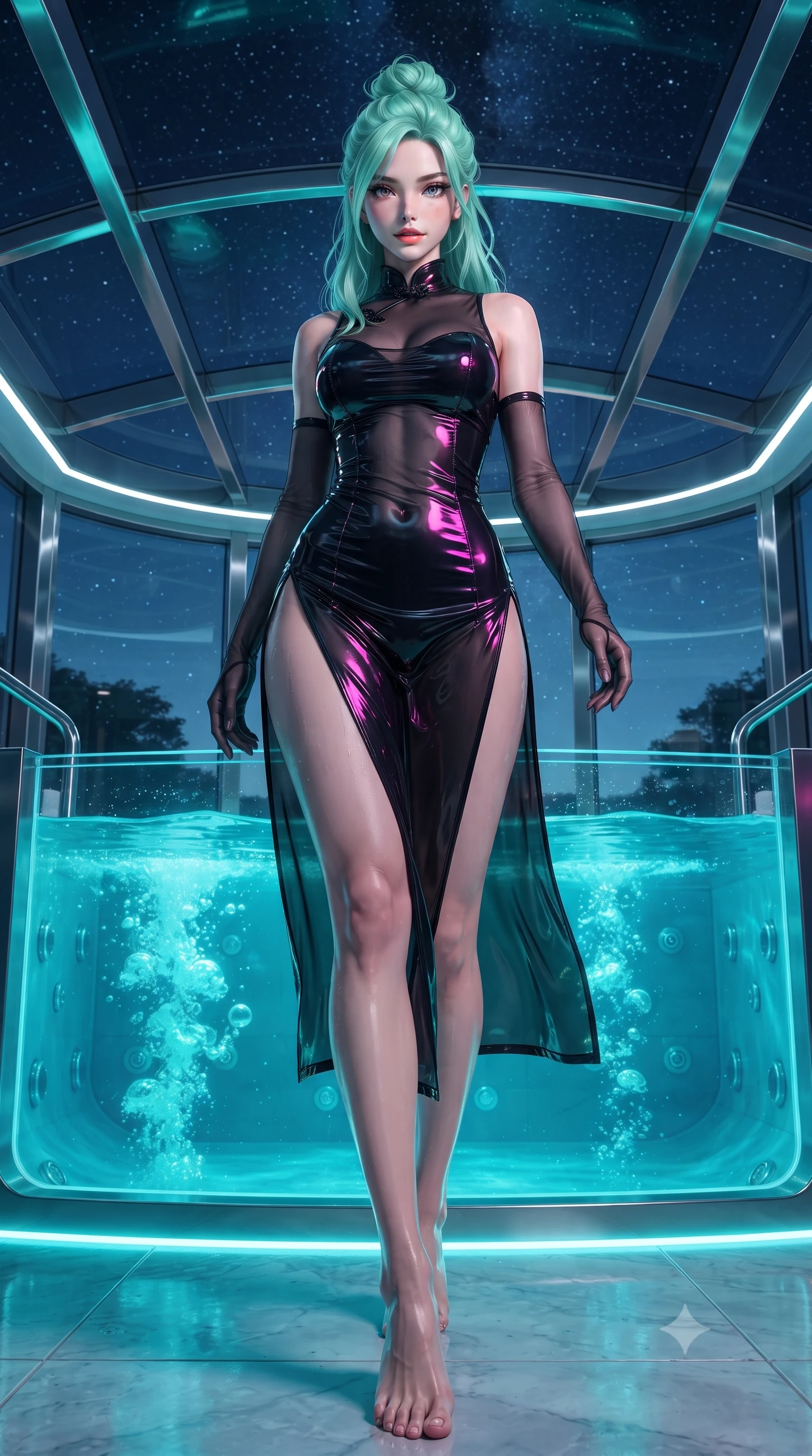 score_9, masterpiece, best quality, ultra-detailed, high-budget anime keyframe, editorial fashion photography, tasteful artistic composition, Japanese woman. low angle full-body shot from head to toe showing her feet, filling the entire 9:16 vertical frame with her statuesque presence, stretching her vertical silhouette. stepping slowly toward the camera with hypnotic grace, hips swaying in an alluring sensual rhythm that accentuates her curvy hourglass silhouette and long slender legs while twisting her slender torso in an alluring contrapposto stance, bubbling hydrotherapy jets and underwater turquoise LEDs tracing her curves. The surrounding environment is rendered in vivid detail and crisp panoramic clarity: detailed wet-look vinyl strapless swimsuit cling, gold hoop earrings gleam, and daring cantilever engineering in razor-sharp precision. She has an absolutely perfect, statuesque 8.5-heads proportion, an exceptionally tall and slender model-like female figure with impossibly long slender legs, an ultra-slim waist, a flat toned midriff, narrow delicate ribcage, and beautifully sculpted feminine hips creating a graceful, slim hourglass silhouette without any bulky heaviness. sharp v-shaped jawline, high-bridge nose, sparkling eyes with hypnotic seductive depth, thick curled eyelashes, glossy parted lips with a natural dewy peach sheen, alluring bedroom-eyes with an enchanting coquettish smile, exuding magnetic siren charisma and sophisticated glamour, flawlessly proportioned anatomical accuracy, strict slender model proportions, natural body alignment, perfectly sculpted long slender limbs, ultra-slim waistline, clean dynamic posture without body distortion. wearing a modern cheongsam-inspired sheer mesh dress with high mandarin collar and daring hip-high double side slits in wet-look onyx black with electric magenta reflections, crafted from wet-look high-gloss vinyl fabric with dazzling specular surface reflections, complemented by sheer opera-length evening gloves tracing her slender arms, the glove-like clinging cut tightly following the natural contour of her hips and long slender legs with youthful 8.5-heads elegance. bathed in vivid underwater cyan and turquoise LED light combined with crisp celestial starlight. ultra-reflective glossy finish, specular highlights, rich textural contrasts, high-contrast stereoscopic depth, volumetric dynamic lighting, 2k, ultra detail, master piece, 9:16 ratio