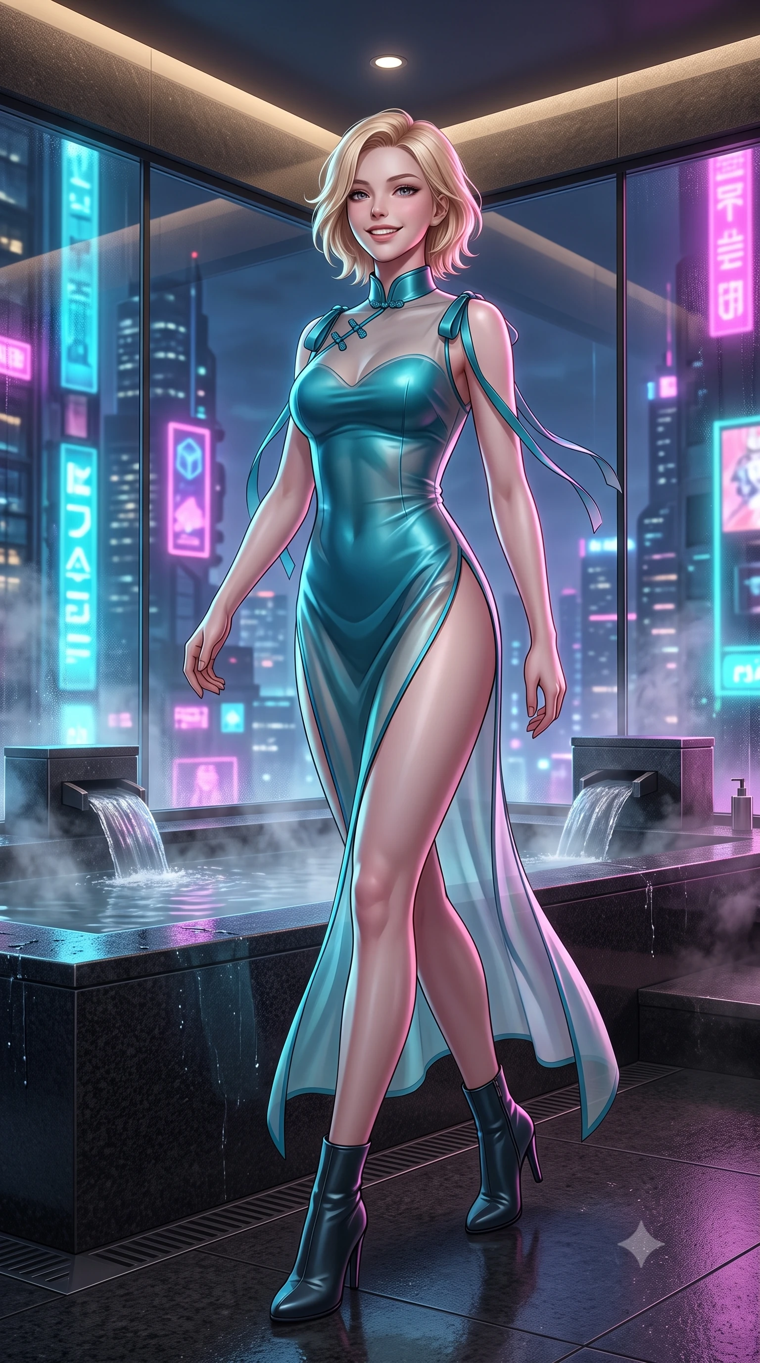 score_9, masterpiece, best quality, ultra-detailed, high-budget anime keyframe, semi-realistic 3D game render, editorial fashion photography, tasteful artistic composition, Caucasian woman. low angle full-body shot from head to toe showing her feet, filling the entire 9:16 vertical frame with her statuesque presence, stretching her vertical silhouette. stepping forward in a confident stride, her long slender legs and curvaceous hips creating a dynamic, sweeping vertical line while lounging in the steaming water propped on the dark granite tub rim with legs extended, her statuesque 8.5-heads silhouette commanding the clouds. The surrounding environment is rendered in vivid detail and crisp panoramic clarity: sharp frameless glass corner structural joints, honed black granite tub textures, and condensation water beads in deep focus. She has an exceptionally tall and slender model-like 8.5-heads proportion, an ultra-slim waist, a flat toned midriff, narrow delicate ribcage, and beautifully sculpted feminine hips creating a graceful, slim hourglass silhouette without any bulky heaviness, with impossibly long slender legs. sharp v-shaped jawline, high-bridge nose, intricate jewel-like sparkling eyes with depth, thick eyelashes, glossy parted lips with a natural peach sheen, bright cheerful beaming smile with an enchanting and coquettish sensual glint, exuding both youthful cute charm and seductive allure, flawlessly proportioned anatomical accuracy, strict slender model proportions, natural body alignment, perfectly sculpted long slender limbs, ultra-slim waistline, clean dynamic posture without body distortion. wearing a provocative sheer silk organza modern qipao dress with dramatic hip-high side slits and translucent mesh frog-button bodice in Mediterranean bioluminescent teal and radiant pearl, woven from buttery-soft stretch lambskin leather adhering to her body like a second skin, finished with satin ribbon ties at the shoulders fluttering in the gentle breeze, the liquid-tight tailored fabric clinging flawlessly to her narrow waist and rounded feminine hips, emphasizing every millimeter of her sculpted slim hourglass curves without any bulky heaviness. bathed in the dramatic neon ambient of the cyberpunk metropolis contrasted with dim 2800K recessed cove downlights. highly saturated vibrant anime colors, detailed shading with soft gradients, rich glossy textures, high-contrast stereoscopic depth, volumetric dynamic lighting, master piece, 9:16 ratio