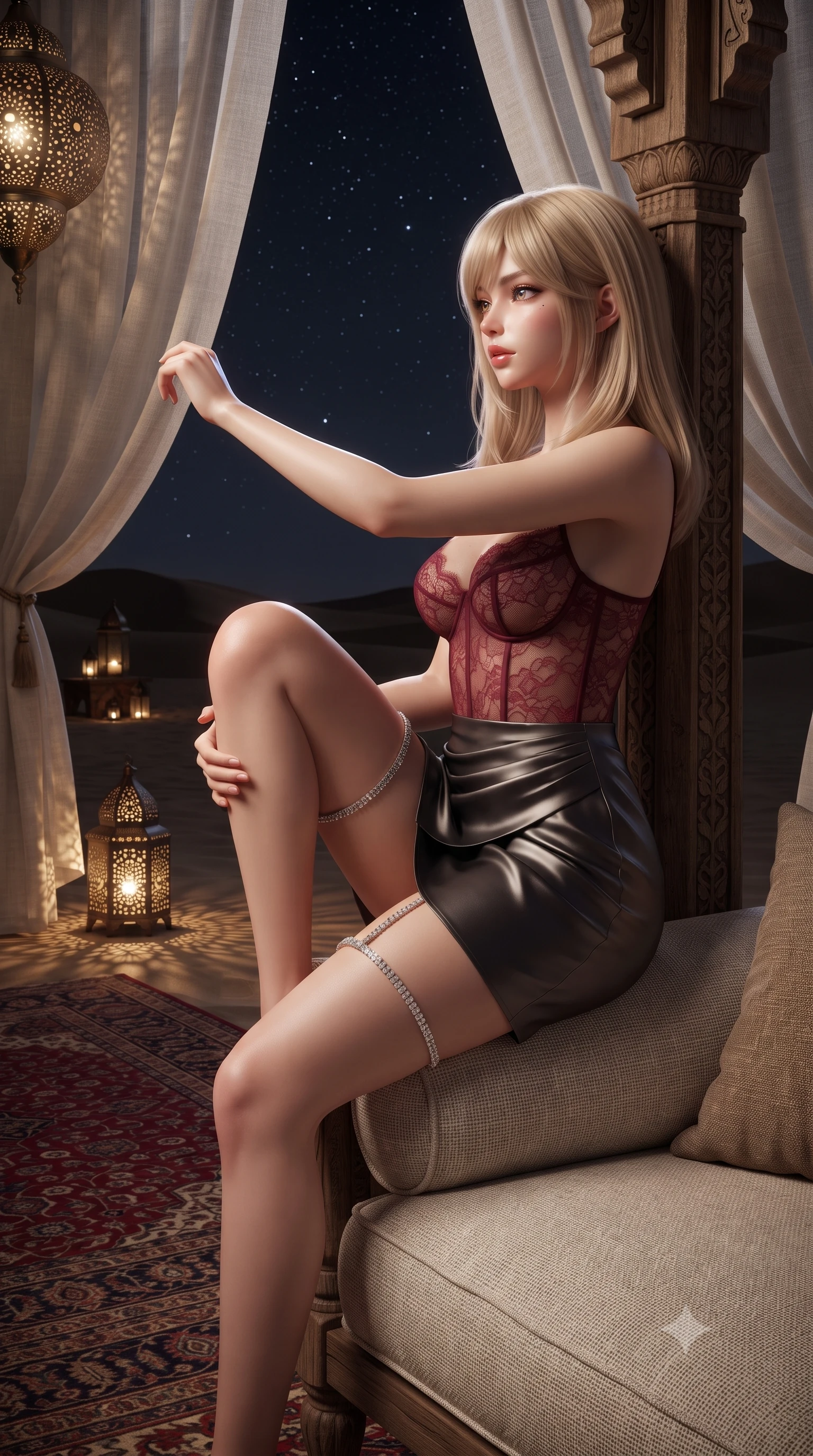 score_9, masterpiece, best quality, ultra-detailed, high-budget anime keyframe, editorial fashion photography, tasteful artistic composition, Japanese woman. close-up cowboy shot from the waist and thighs up, the character dominates the composition, filling the frame with her large presence. perched sideways on the lounge seat, one knee drawn up to showcase her slender leg line while her arched back accentuates her feminine hip curve while leaning against the carved teak cabana pillar with hips cocked back, looking through billowing linen curtains into the desert night with smoldering eyes. The surrounding environment is rendered in vivid detail and crisp panoramic clarity: sharp open-weave texture of linen fabric, intricate Moroccan brass lamp perforated shadows, and Persian silk rug pile in deep focus. She has an exceptionally elegant, slender, and willowy female figure with an ultra-slim waist, flat toned midriff, narrow ribcage, and sculpted feminine hips creating an alluring, slim hourglass silhouette without bulk. sharp v-shaped jawline, high-bridge nose, sparkling eyes with hypnotic seductive depth, thick curled eyelashes, glossy parted lips with a natural dewy peach sheen, alluring bedroom-eyes with an enchanting coquettish smile, exuding magnetic siren charisma and sophisticated glamour, flawlessly proportioned anatomical accuracy, strict slender model proportions, natural body alignment, perfectly sculpted long slender limbs, ultra-slim waistline, clean dynamic posture without body distortion. wearing a sculpted underwire demi-bustier in semi-sheer lace paired with an ultra-short draped tulip skirt in rich cherry lacquer and smoky charcoal, crafted from fluid liquid silk satin that clings smoothly to every curve with a dewy sheen, finished with delicate crystal-encrusted thigh garter straps glinting in the dim light, the precision-cut side openings and low-back scoop framing her graceful spine and the sensual sweep of her slim, toned hips. illuminated by lantern light scatter and sharp starry-platinum rim lights defining her delicate clavicles, ultra-slim waist, and curvy hips. ultra-reflective glossy finish, specular highlights, rich textural contrasts, high-contrast stereoscopic depth, volumetric dynamic lighting, 2k, ultra detail, master piece, 9:16 ratio