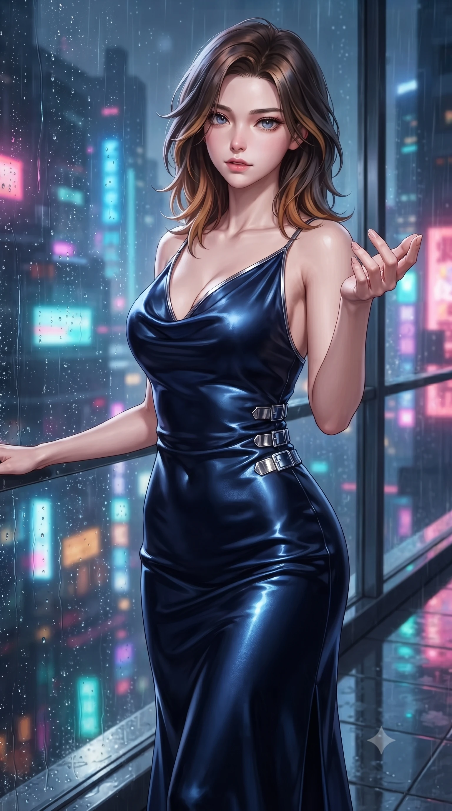 score_9, masterpiece, best quality, ultra-detailed, high-budget anime keyframe, editorial fashion photography, tasteful artistic composition, Korean woman. close-up cowboy shot from the waist and thighs up, the character dominates the composition, filling the frame with her large presence, background elements kept in soft focus. Reaching one hand gracefully toward the viewer with effortless superiority and allure poised on a rain-slicked balcony overlooking a glowing futuristic metropolis, rain droplets glistening on the glass window with colorful neon reflections. She has an exceptionally elegant, slender, and willowy female figure with an ultra-slim waist, a gracefully sculpted slender torso, and a refined silhouette. sharp v-shaped jawline, high-bridge nose, intricate jewel-like eyes with depth, thick eyelashes, glossy lips with a natural sheen. wearing an elegant cowl-neck satin midi dress with a draped neckline in midnight navy blue and chrome trim, made of premium stretch velvet with a rich sheen, detailed with polished silver buckles along the waistline, the glove-like fit emphasizing her statuesque silhouette. drenched in wet neon reflections with brilliant specular highlights on her silhouette. ultra-reflective glossy finish, specular highlights, metallic sheen, high-contrast stereoscopic depth, volumetric dynamic lighting, 2k, ultra detail, master piece, 9:16 ratio