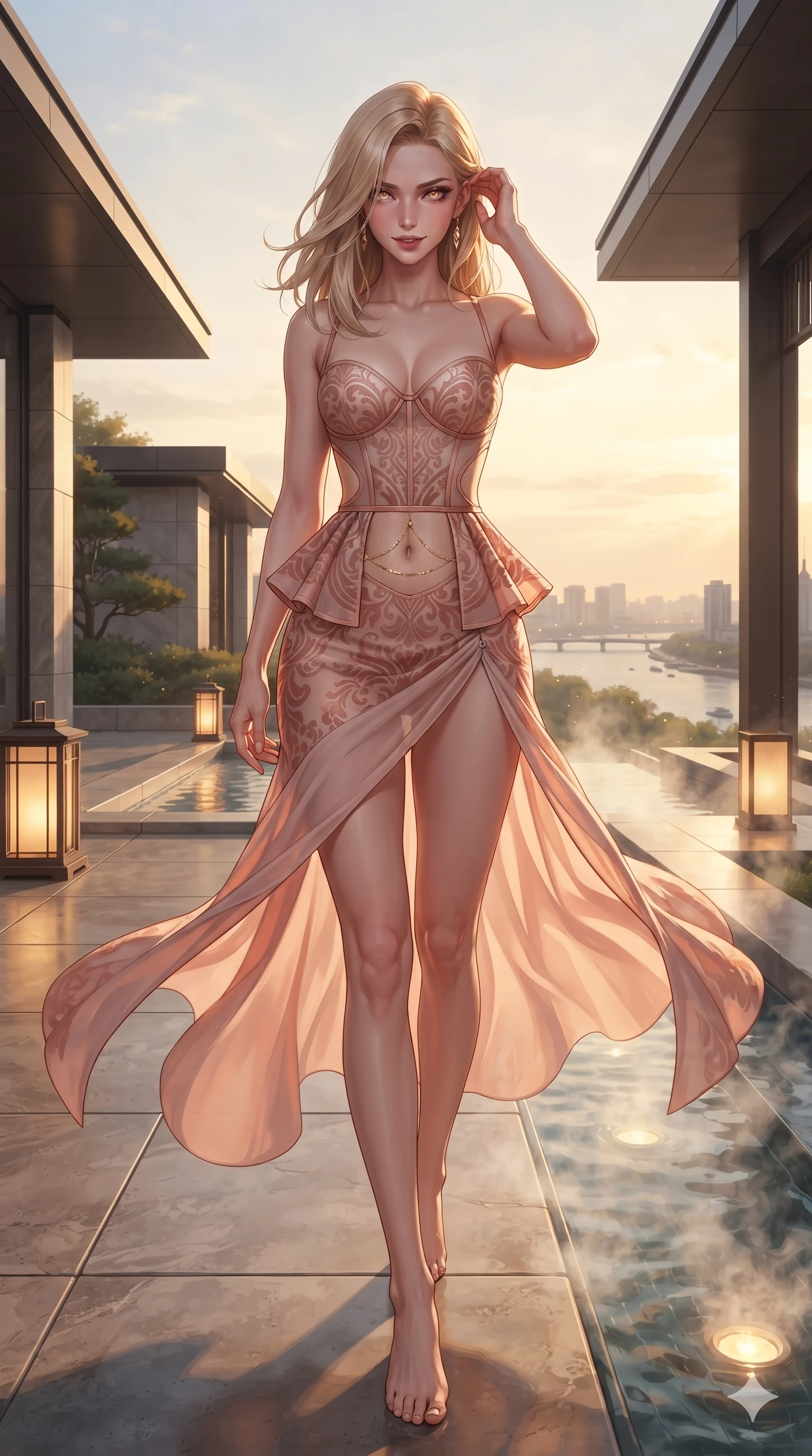 score_9, masterpiece, best quality, ultra-detailed, high-budget anime keyframe, editorial fashion photography, tasteful artistic composition, Korean woman. low angle full-body shot from head to toe showing her feet, filling the entire 9:16 vertical frame with her statuesque presence, stretching her vertical silhouette. striding across the penthouse terrace as river breezes whip her high-slit dress open, accentuating her long slender legs and curvy hips while standing poised beside the steaming thermal spring channel, arching her spine with ethereal siren poise as warm stone lantern light washes over her. The surrounding environment is rendered in vivid detail and crisp panoramic clarity: detailed second-skin maxi dress tailoring, sheer power-mesh side panels, and luxury garden architecture in razor-sharp precision. She has an exceptionally tall and slender model-like 8.5-heads proportion, an ultra-slim waist, a flat toned midriff, narrow delicate ribcage, and beautifully sculpted feminine hips creating a graceful, slim hourglass silhouette without any bulky heaviness, with impossibly long slender legs. sharp v-shaped jawline, high-bridge nose, intricate jewel-like sparkling eyes with depth, thick eyelashes, glossy parted lips with a natural sheen, intensely captivating and seductive bedroom-eyes expression, exuding both youthful cute charm and sovereign luxury allure, flawlessly proportioned anatomical accuracy, strict slender model proportions, natural body alignment, perfectly sculpted long slender limbs, ultra-slim waistline, clean dynamic posture without body distortion. wearing a modern peplum corset dress with side-waist diamond cutouts and an ultra-tight silhouette in rose-quartz blush and burnished copper, made of sheer contouring power-mesh with velvet flocking patterns, accented with a dainty gold belly chain resting across her flat midriff and curving hips, the form-contouring cut accentuating her sculpted flat midriff, narrow delicate ribcage, and gracefully curvy hips with intoxicating allure. illuminated by water reflection bounce and sharp amber-gold rim lights sculpting her razor-sharp jawline, narrow waist, and curvy hips. ultra-reflective glossy finish, specular highlights, rich textural contrasts, high-contrast stereoscopic depth, volumetric dynamic lighting, 2k, ultra detail, master piece, 9:16 ratio