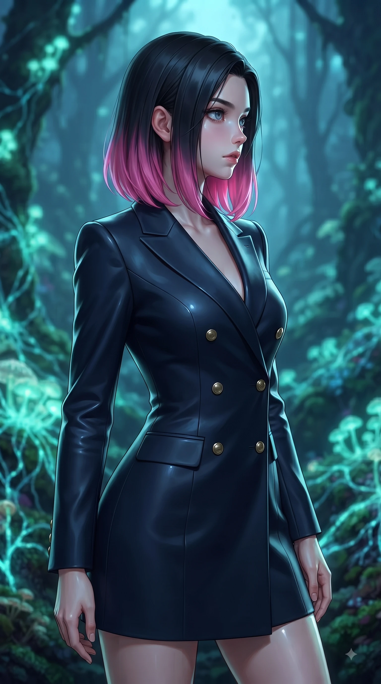 score_9, masterpiece, best quality, ultra-detailed, high-budget anime keyframe, editorial fashion photography, tasteful artistic composition, Korean woman woman. close-up cowboy shot from the waist and thighs up, the character dominates the composition, filling the frame with her large presence, background elements kept in soft focus. She has an exceptionally elegant, slender, and willowy female figure with an ultra-slim waist, a gracefully sculpted slender torso, and a refined silhouette. turning her head in a sharp dramatic profile against the key light, her eyes glowing with calm focus, flawlessly proportioned anatomical accuracy, natural body alignment, perfectly sculpted elegant limbs, clean dynamic posture without body distortion. set against a soft-focus background of an ancient rainforest with pulsing opal fungal mycelium networks. wearing a sophisticated navy double-breasted blazer dress with gold button accents. bathed in cool emerald and cyan bioluminescent organic glow wrapping her silhouette. ultra-reflective glossy finish, specular highlights, metallic sheen, high-contrast stereoscopic depth, volumetric dynamic lighting, 2k, ultra detail, master piece, 9:16 ratio