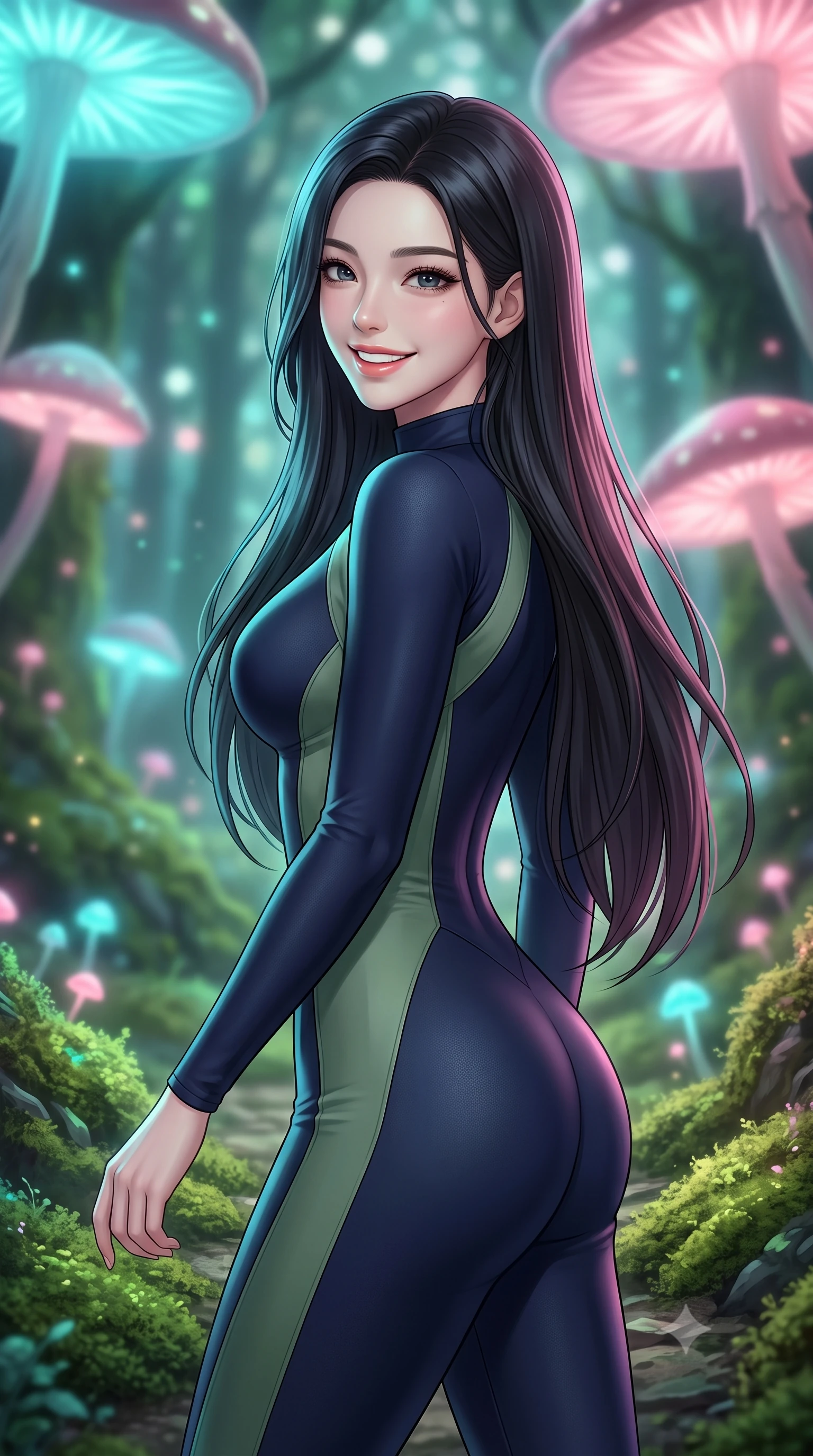 score_9, masterpiece, best quality, ultra-detailed, high-budget anime keyframe, editorial fashion photography, tasteful artistic composition, Korean woman. close-up cowboy shot from the waist and thighs up, the character dominates the composition, filling the frame with her large presence, background elements kept in soft focus. Looking over her shoulder with a bright, welcoming smile and happy eyes. set against a soft-focus background of walking along a mossy path in an ancient forest under a canopy of giant bioluminescent glowing mushrooms that emit soft cyan and pink light. She has an exceptionally elegant, slender, and willowy female figure with a highly-defined ultra-slim waist, a gracefully sculpted slender torso, and a refined slim-fit silhouette that contours her form. sharp v-shaped jawline, high-bridge nose, intricate jewel-like eyes with depth, thick eyelashes, glossy lips with a natural sheen. wearing a form-fitting catsuit in deep navy, with strategic sage green side panels that accentuate her slender waist. cool cyan and soft pink lights from the mushrooms, wrapping the forest floor in a magical glowing ambiance. 2k, ultra detail, master piece, 9:16 ratio
