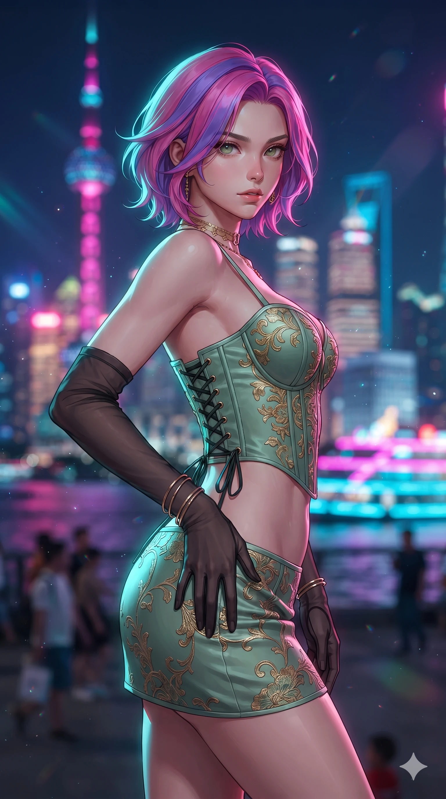 score_9, masterpiece, best quality, ultra-detailed, high-budget anime keyframe, editorial fashion photography, tasteful artistic composition, Caucasian woman. close-up cowboy shot from the waist and thighs up, the character dominates the composition, filling the frame with her large presence. twisting her slender torso in a deep contrapposto stance, hips dramatically shifted to accentuate her feminine curves while looking past her shoulder with smoldering bedroom-eyes while arching her spine backward with effortless dancer poise, one hand sliding along her hip line as vibrant Pudong neon neon washes across her silhouette. The background shows a soft-focus blazing neon spires of the Oriental Pearl Tower, illuminated Huangpu river cruise ships, and geometric Art Deco railings blurred into magenta, electric cyan, and deep obsidian bokeh. She has an exceptionally elegant, slender, and willowy female figure with an ultra-slim waist, flat toned midriff, narrow ribcage, and sculpted feminine hips creating an alluring, slim hourglass silhouette without bulk. sharp v-shaped jawline, high-bridge nose, intricate jewel-like sparkling eyes with depth, thick eyelashes, glossy parted lips with a natural sheen, intensely captivating and seductive bedroom-eyes expression, exuding both youthful cute charm and sovereign luxury allure, flawlessly proportioned anatomical accuracy, strict slender model proportions, natural body alignment, perfectly sculpted long slender limbs, ultra-slim waistline, clean dynamic posture without body distortion. wearing a sculpted matte satin underwire crop corset with lace-up side ties paired with a low-rise micro skirt in celadon jade and antique gold-leaf, made of fluid liquid jersey with seamless sculpting hold and smooth contours, complemented by sheer opera-length evening gloves tracing her slender arms, the bespoke structured tailoring following the natural line of her 8.5-heads silhouette with refined elegance. illuminated by terrace deck bounce and sharp neon-cyan rim lights sculpting her razor-sharp jawline, narrow waist, and curvy hips. ultra-reflective glossy finish, specular highlights, rich textural contrasts, high-contrast stereoscopic depth, volumetric dynamic lighting, 2k, ultra detail, master piece, 9:16 ratio